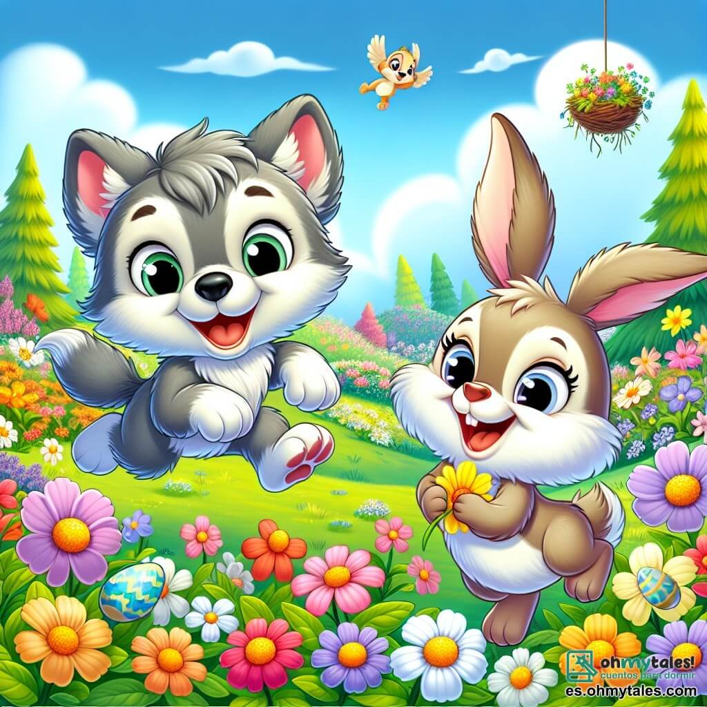 Un pequeño lobo llamado Lulú, con pelaje gris y ojos llenos de curiosidad, salta alegremente en un campo de flores coloridas, sonriendo. A su lado, una liebre llamada Lila, con pelaje marrón claro y grandes orejas erguidas, ríe sosteniendo una flor amarilla, llena de entusiasmo. El paisaje es primaveral, con árboles verdes, un cielo azul claro con nubes blancas esponjosas, y flores de todos los colores que bailan con el viento. A lo lejos, se ve un nido de pájaros cantando en un árbol. La escena muestra a Lulú y Lila explorando, descubriendo huevos de Pascua coloridos entre las flores, llenos de asombro y alegría, listos para celebrar la magia de la primavera con sus amigos.