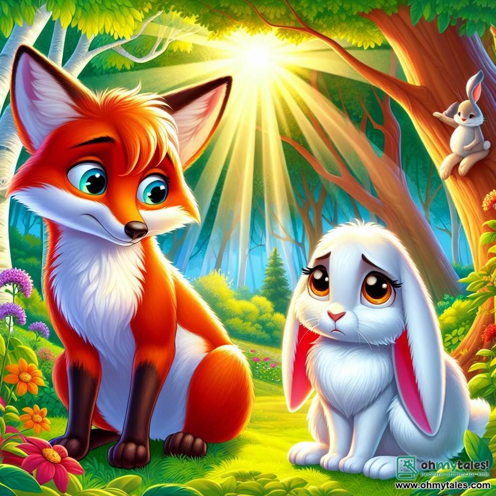 An illustration depicts a young fox with bright red fur and determined eyes, standing slightly forward with a courageous expression, ready to defend a friend. Next to him is a young rabbit with large drooping ears and white fur, showing sadness and hesitation, looking at the fox with hopeful eyes while standing slightly back as if needing support. In the background is a lush clearing in Greenwood Forest, bathed in golden sunlight, with majestic trees and colorful flowers adding life to the scene. The main situation shows the fox preparing to defend the rabbit against mockery, symbolizing courage in the face of bullying. Other graphic elements include birds perched on tree branches, curiously watching the scene, and sun rays filtering through the leaves, creating a warm and welcoming atmosphere despite the tension.
