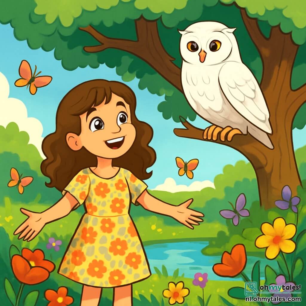 Een 12-jarig meisje, Lila, met golvend kastanjebruin haar en stralende ogen als sterren, staat in het midden van de scène, met een verwonderde glimlach op haar gezicht. Ze draagt een lichte bloemenjurk en haar armen zijn open, alsof ze de schoonheid van de wereld verwelkomt. Naast haar zit een grote witte uil, Athene, met schitterende veren en wijze ogen, op een tak van een majestueuze eik. De uil kijkt vriendelijk naar Lila, klaar om haar wijsheid te delen. De scène speelt zich af in een prachtige geheime tuin, vol kleurrijke bloemen in levendige tinten van rood, geel en paars, met vlinders die eromheen fladderen. Op de achtergrond rijst een oude majestueuze eik op, met zijn uitgestrekte takken die een zachte schaduw bieden. Lila en Athene bevinden zich aan de rand van een klein kristalhelder water, waar de lucht als een spiegel reflecteert. Lila luistert aandachtig naar de woorden van Athene, die haar de lessen van het leven leert, terwijl de zon zachtjes schijnt en een magische en vredige sfeer creëert.