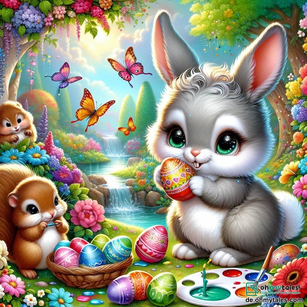 Ein kleiner Hase mit großen Ohren und einem weichen, seidigen, hellgrauen Fell, dessen Augen vor Freude strahlen, bemalt gerade Ostereier in einem bunten Garten. Er lächelt begeistert und hält einen Pinsel in einer Pfote, während lebhafte Farbspritzer um ihn herum fliegen. In der Nähe beobachtet ein kleines Eichhörnchen mit rotem Fell und schelmischen Augen voller Staunen, während es ein dekoriertes Ei in seinen Pfoten hält. Es lächelt aufgeregt und scheint begierig zu sein, an dem Fest teilzunehmen. Ein schüchterner Maulwurf mit braunem Fell und runden Augen versteckt sich hinter einem blühenden Busch, schaut neugierig und mit einem leichten Lächeln, während er ein kleines buntes Ei hält. Der Ort ist ein zauberhafter Garten, gefüllt mit leuchtenden Blumen, großen Bäumen mit glänzend grünen Blättern und einem glitzernden Bach, der sich durch die Landschaft schlängelt. Bunte Schmetterlinge fliegen umher und verleihen dem Moment eine magische Note. Die Hauptsituation zeigt den fröhlichen Hasen, der eine Überraschung für die große Ostereiersuche vorbereitet, umgeben von seinen Freunden, die alle gespannt darauf warten, die im Garten versteckten Schätze zu entdecken.