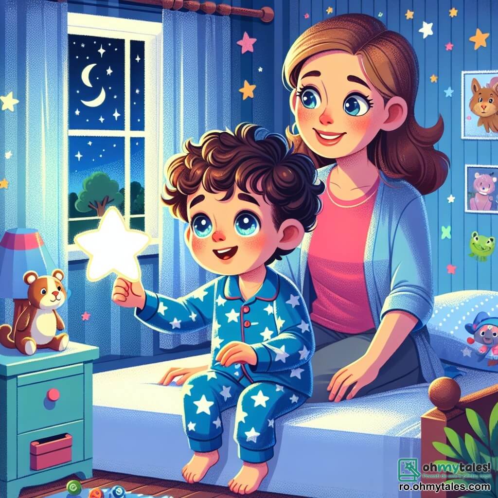 Un băiat de 8 ani, Andrei, cu părul brun și creț, cu ochi mari și curioși și un zâmbet timid, stă pe patul său. Poartă un pijama albastru cu stele albe și privește cu uimire o lampă în formă de stea care luminează ușor camera. Fața lui exprimă o combinație de excitație și neliniște, în timp ce se pregătește să înfrunte noaptea. Mama sa, o femeie de aproximativ 30 de ani, cu părul lung și castaniu, stă lângă el, zâmbitoare și reconfortantă. Poartă un tricou roz și o pereche de pantaloni confortabili și îi arată autocolantele cu animale de pe pereți, explicându-i că sunt prietenii lui protectori. Camera lui Andrei este decorată cu pereți vopsiți în albastru deschis, plini de autocolante colorate cu animale drăguțe, și o fereastră prin care se văd stelele strălucitoare în cerul nocturn. Jucăriile în dezordine sunt împrăștiate pe podea, adăugând o notă de viață scenei. Situația principală îl arată pe Andrei, puțin nervos dar curios, privind lumina lampii stelare care luminează camera, în timp ce mama lui îi vorbește blând pentru a-l liniști că întunericul nu este atât de înfricoșător.