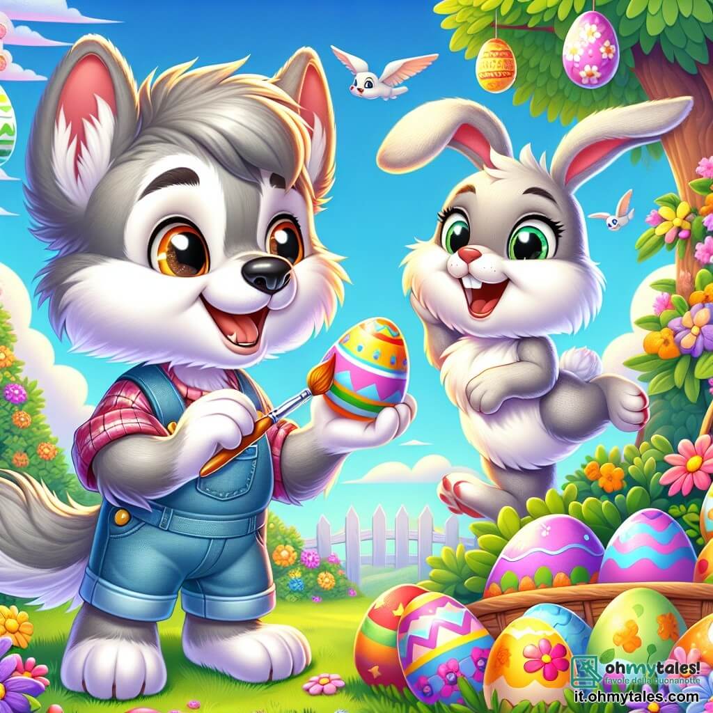 Un piccolo lupo di nome Lupoletto, con un morbido pelo grigio e occhi pieni di curiosità, sta dipingendo uova di Pasqua colorate nel suo giardino. Sorride ampiamente, traboccante di eccitazione e creatività, mentre tiene un pennello in una zampa e un uovo decorato nell'altra. Accanto a lui, un allegro coniglietto dalle grandi orecchie e pelo bianco, saltellando di gioia, ammira le uova dipinte con meraviglia. Il giardino è incantevole, pieno di fiori vivaci, cespugli verdi e un grande albero con fogliame lussureggiante, sotto un cielo blu chiaro punteggiato di nuvole bianche e soffici. La scena principale mostra Lupoletto e i suoi amici mentre preparano una grande caccia alle uova di Pasqua, circondati da uova colorate e decorazioni festive, con un'atmosfera gioiosa e vivace.
