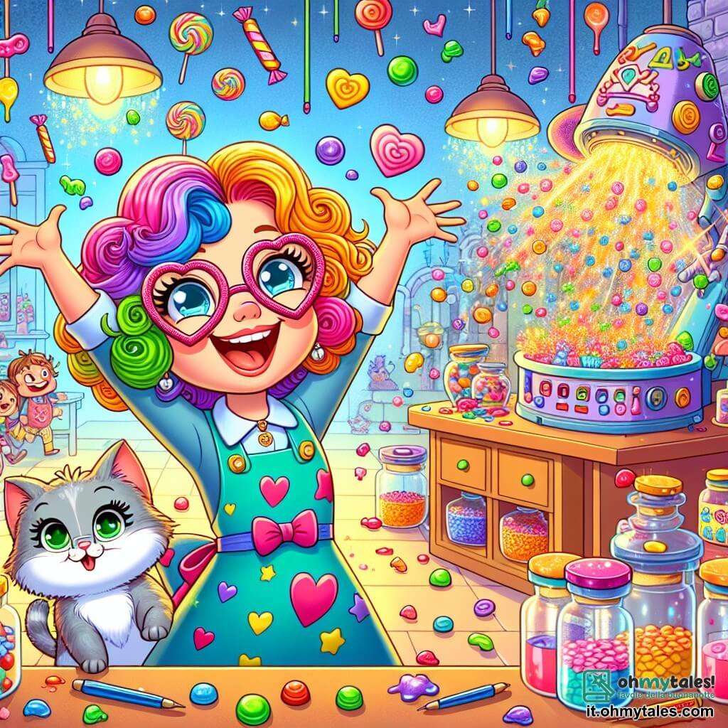 Clara, una donna dai capelli ricci e colorati, indossa occhiali a forma di cuore e un grembiule macchiato di vernice. Ride gioiosamente, con le braccia alzate, circondata da una pioggia di caramelle colorate che cadono dal cielo. Accanto a lei, Luna, la sua gattina grigia con occhi verdi scintillanti, osserva con stupore le caramelle che scendono, con le orecchie ritte. Il laboratorio di Clara è un luogo magico, pieno di strumenti strani, macchine colorate e barattoli di caramelle. I muri sono dipinti con colori vivaci e gli scaffali traboccano di invenzioni bizzarre. Al centro, la Caramella-Magica 3000, una macchina splendente con tubi multicolori e luci scintillanti, è in azione, sputando caramelle a forma di animali. La scena principale mostra Clara e Luna nel cuore di una festa di degustazione di caramelle, dove i bambini del villaggio ridono e corrono per catturare le dolcezze che cadono dal cielo, creando un'atmosfera gioiosa e festosa.