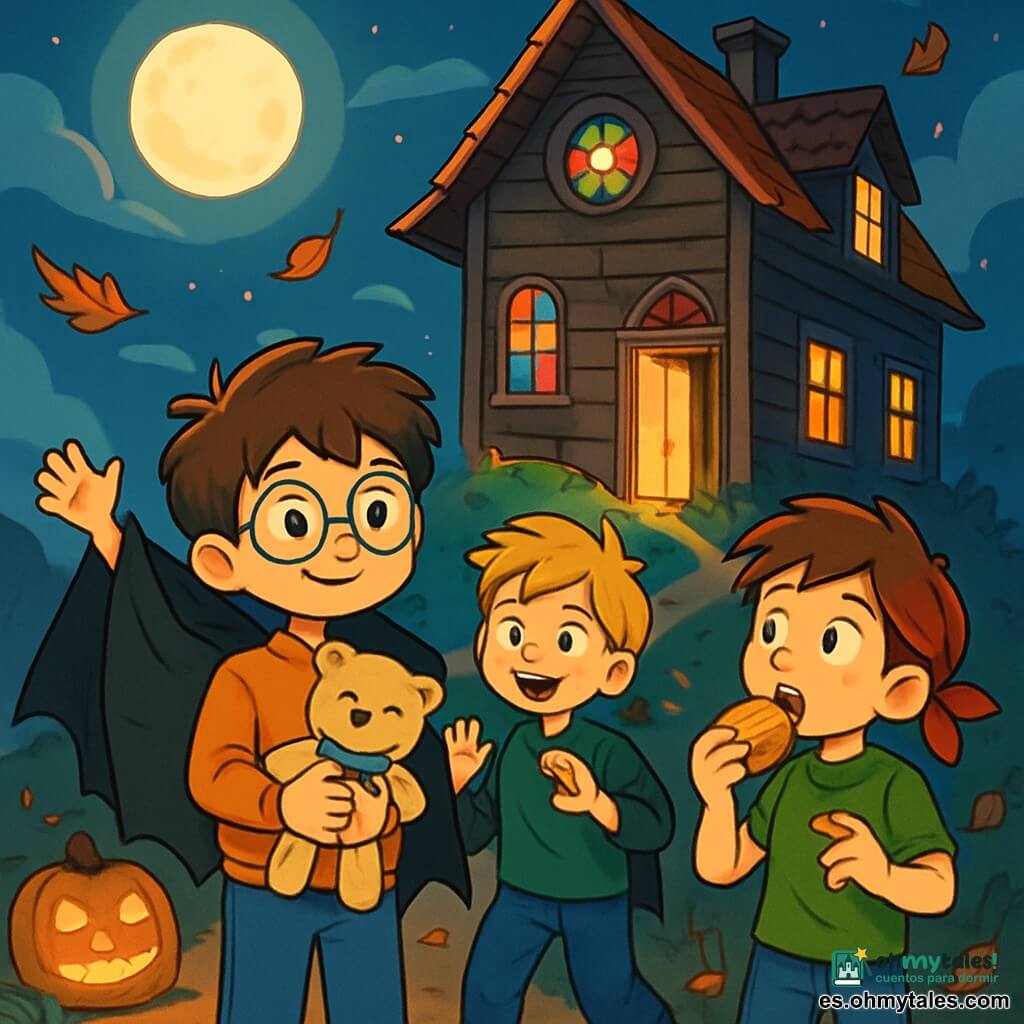 Hay 4 niños: - Mateo: un chico de 10 años, con el pelo castaño desordenado y gafas redondas. Lleva un suéter naranja y un pantalón azul. Está de pie en el centro, sosteniendo un peluche con un lazo azul. - Lucas: un chico de 10 años, con el pelo rubio y una sonrisa traviesa. Lleva una capa de vampiro de cartón negro y está a la izquierda de Mateo, levantando los brazos como si quisiera asustar. - Nico: un chico de 10 años, con el pelo castaño y pecas. Lleva una camiseta verde y jeans. Está a la derecha de Mateo, mordiendo una galleta con una expresión curiosa. - Diego: un chico de 10 años, con el pelo negro y ojos brillantes. Lleva un disfraz de pirata con un pañuelo rojo. Está un poco atrás, mirando la casa con una expresión de emoción. El lugar es una vieja casa de madera, situada en una colina, con ventanas de vidrio de colores que brillan bajo la luna. La puerta está entreabierta, dejando escapar una luz dorada. Hojas secas giran alrededor, y linternas de calabaza iluminan el camino, creando una atmósfera misteriosa y acogedora. La situación principal muestra a los niños acercándose a la casa, llenos de curiosidad y emoción por descubrir el piano que toca solo en el interior. Intercambian miradas cómplices, listos para vivir una aventura mágica y aterradora a la vez.