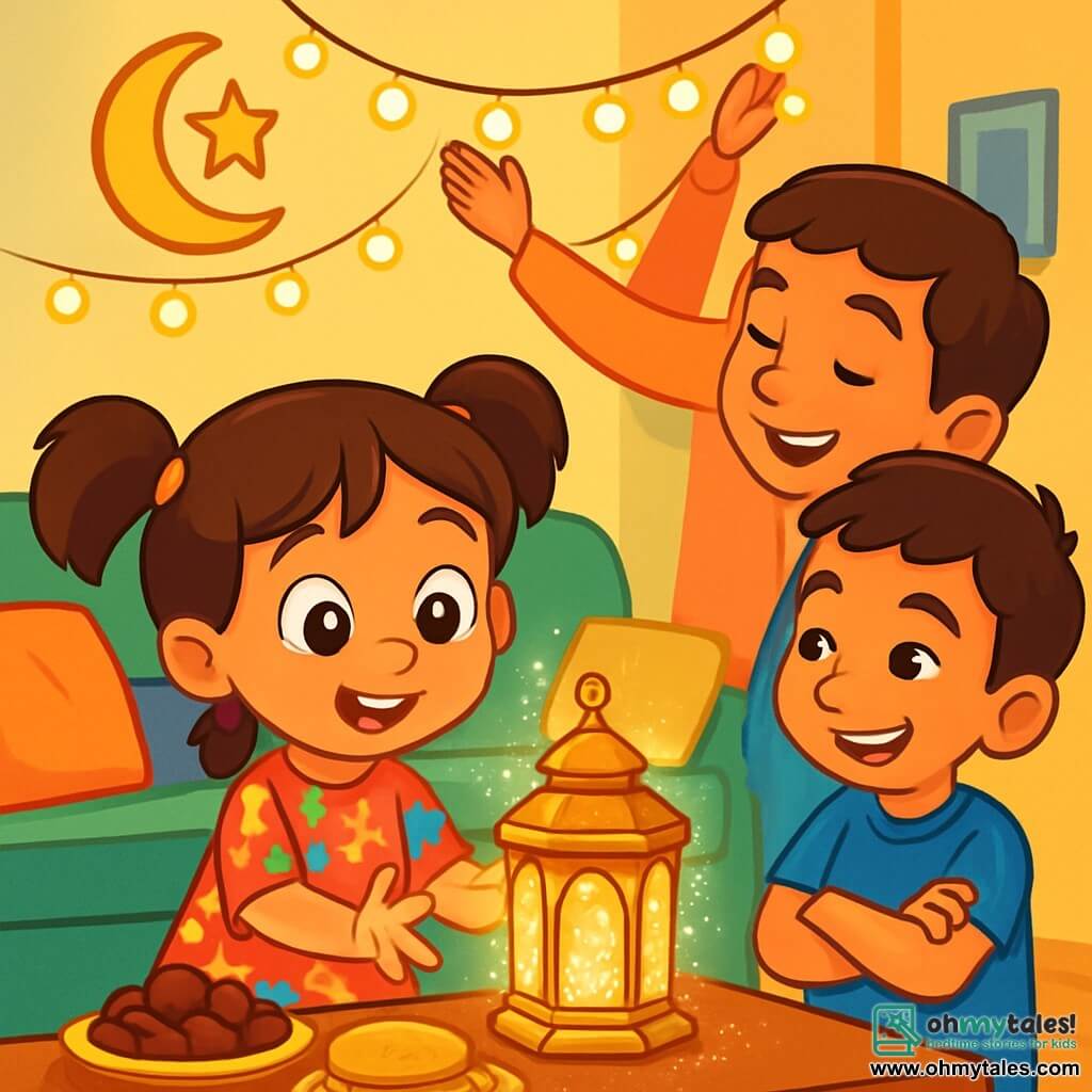 A 6-year-old girl, Layla, with sparkling brown eyes and a wide joyful smile, stands in front of a shimmering lantern. She wears a colorful dress adorned with floral patterns, and her brown hair is tied in two pigtails. She looks amazed and curious, reaching out towards the lantern. Next to her, her 9-year-old brother Sami, with short hair and a blue t-shirt, smiles while whispering a secret to her, arms crossed and standing slightly back. Their mother, a woman in her thirties, is busy hanging string lights from the ceiling, with a gentle, warm expression. The scene takes place in a cozy living room decorated with colorful cushions and twinkling lights, featuring pastel-colored walls. A table is filled with delicious treats like dates and warm bread, creating a festive atmosphere. Fascinated, Layla touches the lantern that shines brightly, and a light silver dust rises into the air, adding a touch of magic to this special moment of Ramadan.