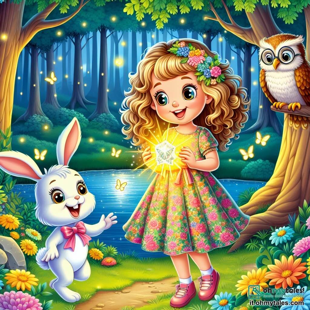 Una ragazza di 8 anni, di nome Lila, si trova sulla riva di un lago scintillante, con gli occhi brillanti di curiosità ed eccitazione. Ha lunghi capelli ricci, di un marrone dorato, e indossa un vestito leggero con motivi floreali, stringendo tra le mani un brillante Cristallo della Felicità. Accanto a lei, un piccolo coniglio bianco di nome Bubi, con grandi orecchie e un sorriso birichino, salta gioiosamente. Un po' più in là, un saggio gufo di nome Oliver, con occhiali rotondi e piume grigie, si posa su un ramo, osservando attentamente la scena. Il luogo è una foresta incantata, con alberi maestosi e tronchi spessi che si ergono verso il cielo, le foglie verdi danzano nel vento. Fiori colorati di rosa, giallo e blu tappezzano il terreno, mentre lucciole brillano attorno, aggiungendo un tocco di magia. Lila, piena di gioia e determinazione, è pronta a condividere il Cristallo della Felicità con i suoi amici, illuminando il lago con una dolce luce dorata, mentre l'eccitazione dell'avventura li circonda.