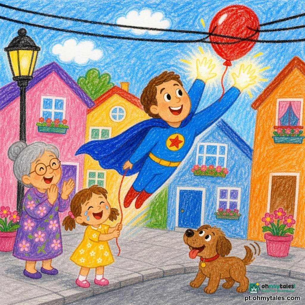 Homem-herói sorridente, rosto rondo, pele quente, olhos brilhantes e capa azul ao vento estende mãos luminosas para pegar um grande balão vermelho preso num fio; menina de ~5 anos, cabelos castanhos em tranças, vestido amarelo, segura a corda do balão à esquerda e passa de choro a sorriso; avó de cabelo grisalho em coque e vestido floral aplaude no passeio detrás da menina; pequeno cão castanho abana o rabo feliz aos pés do herói; rua de bairro com casas coloridas, passeio cinza, poste e fios pretos e vasos rosas com flores; cena: o herói retira suavemente o balão, luz suave sai das mãos, ambiente luminoso e seguro, estilo lápis de cor, cores vivas e contornos simples.