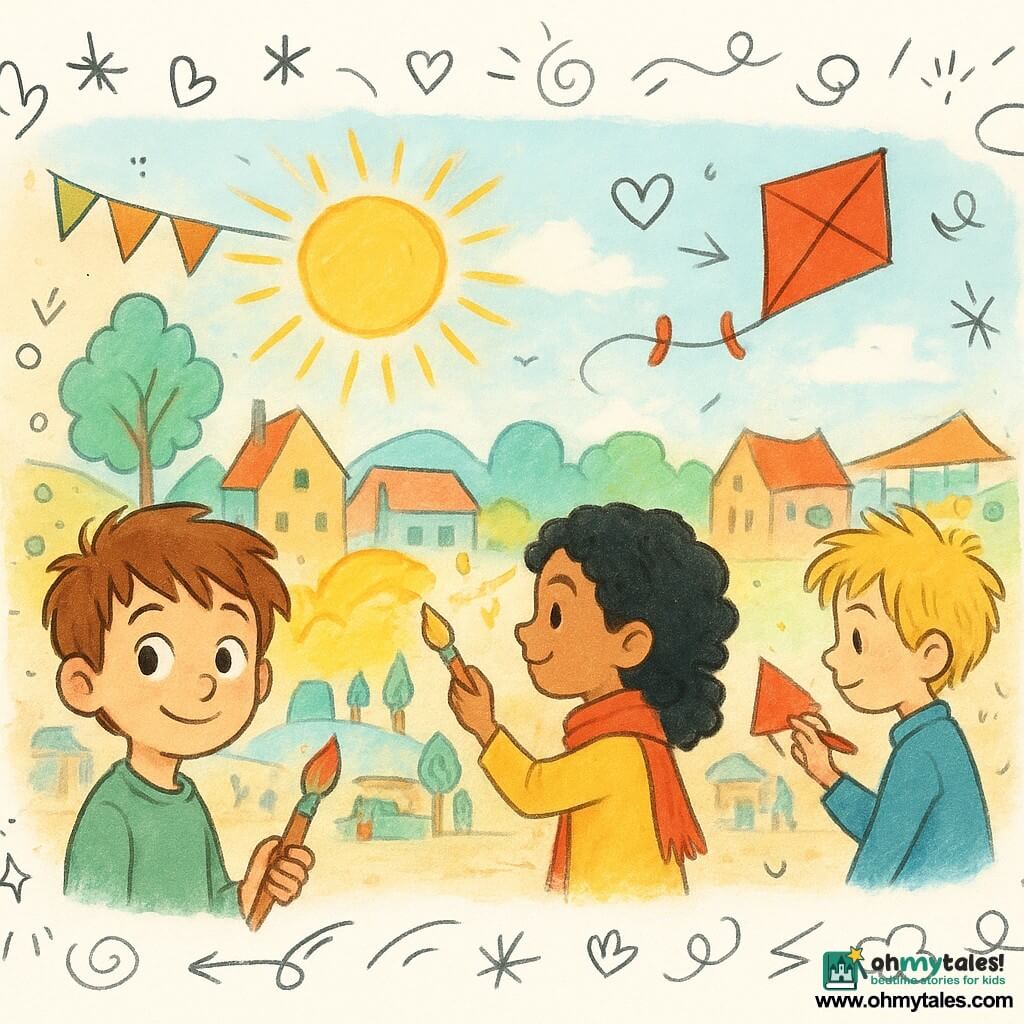 Max, an 8-year-old boy with tousled brown hair and curious eyes, stands in front of a large mural. He has a shy but proud smile, holding a colorful brush in his hand. Next to Max, Nina, a 7-year-old girl with a bright red scarf and curly black hair, adds touches of yellow to the sunrise painted on the wall. She is focused and smiling. Leo, an 8-year-old boy with tousled blond hair, stands a bit further away, painting a bright red kite that seems to fly in the sky. The scene takes place in the village square, with colorful bunting fluttering in the wind and festival stalls in the background. The mural is filled with bright colors and small details depicting village and nature scenes, creating a joyful and collaborative atmosphere.