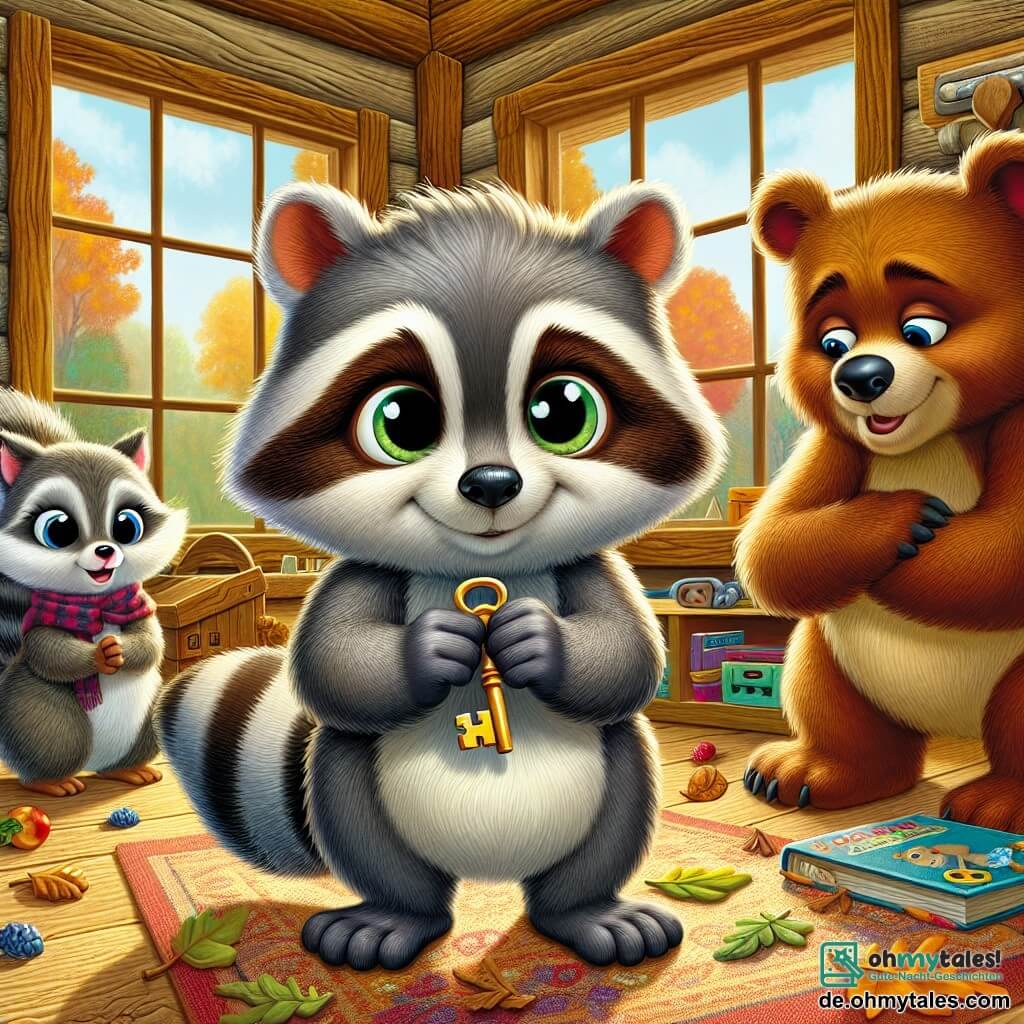 Max, ein kleiner Waschbär mit funkelnden Augen und weichem, grauem Fell, steht in der Mitte des Bildes mit einem beschämten Ausdruck im Gesicht und hält einen kleinen goldenen Schlüssel in seinen Pfoten. Rechts von ihm schaut Lilly, ein Eichhörnchen mit großen Ohren und braunem Fell, ihn ermutigend an, ihre kleinen Pfoten auf der Brust verschränkt. Links beugt sich Ben, ein Bär mit braunem Fell und sanften Augen, leicht nach vorne und zeigt ein verständnisvolles und unterstützendes Gesicht, bereit, seinem Freund Trost zu spenden. Die Szenerie spielt in einem großen Eichenhaus mit rustikalen Holzwänden und großen Fenstern, die Sonnenlicht hereinlassen und einen Raum erhellen, der mit Büchern und bunten Spielen gefüllt ist. Blätter und Blumen schmücken den Boden und verleihen der Inneneinrichtung einen Hauch von Natur. Die Hauptsituation zeigt, wie Max erkennt, dass er den Schlüssel versteckt hat, um seine Freunde zu beeindrucken, aber nun muss er sich seinen Fehlern stellen und ihnen die Wahrheit gestehen, was einen Moment der Spannung und Kameradschaft in dieser warmen und einladenden Umgebung schafft.