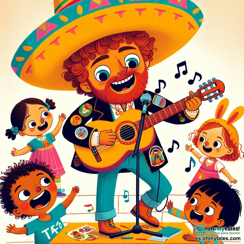 Un hombre llamado Donato, con un gran sombrero colorido, barba roja y ojos brillantes de alegría, toca la guitarra en un pequeño escenario. Lleva una chaqueta llena de parches coloridos en forma de notas musicales y su cálida sonrisa ilumina su rostro. Alrededor de él, varios niños están reunidos: Marta, una niña de 8 años con cabello rizado y un vestido amarillo, levanta los brazos cantando con entusiasmo. Pedro, un niño de 9 años con cabello negro y gafas redondas, imita un rugido de león, riendo con sus amigos. Ana, una niña de 7 años con trenzas y una camiseta azul, dibuja un pequeño conejo en el aire con sus manos, cautivada por la música. La escena tiene lugar en la encantadora plaza central de Villa Melodía, rodeada de árboles verdes y una fuente brillante. La situación principal muestra a Donato y los niños cantando juntos una canción alegre sobre los animales, creando una atmósfera de felicidad y unidad, con notas musicales flotando a su alrededor como mariposas.