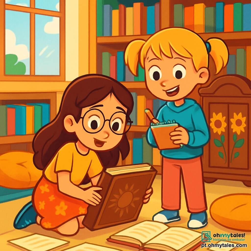 Há 2 personagens principais: - Sofia: Uma menina de 10 anos, com cabelos longos e castanhos e óculos redondos. Ela usa uma camiseta amarela e uma saia de flores. Está agachada, examinando um livro antigo na biblioteca. - Mariana: Uma menina de 10 anos, com cabelos curtos e loiros, presos em duas tranças. Ela veste um moletom azul e uma calça rosa. Está em pé ao lado de Sofia, segurando um caderno pequeno e um lápis, pronta para fazer anotações. O local da cena principal é uma biblioteca iluminada, com grandes janelas que deixam entrar a luz do sol. As paredes estão cobertas de livros coloridos, e almofadas macias estão espalhadas pelo chão. Ao fundo, um velho armário de madeira é decorado com padrões de girassóis. A cena principal mostra Sofia e Mariana descobrindo um livro antigo e misterioso, cercadas por livros abertos e folhas de papel espalhadas. Elas estão imersas em sua investigação, com expressões de curiosidade e empolgação em seus rostos.