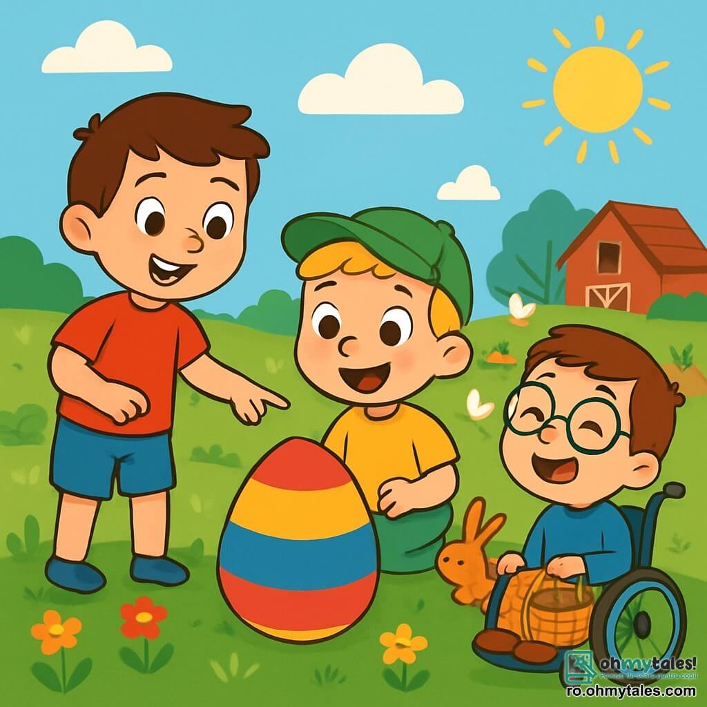 Există 3 personaje: - Alex: un băiat de 6 ani, cu păr brun și ochi strălucitori, îmbrăcat într-un tricou roșu și o pereche de pantaloni scurți albaștri, stând în stânga, zâmbind și arătând spre un ou colorat. - Matei: un băiat de 5 ani, cu păr blond și obraje roz, purtând o șapcă verde și un tricou galben, aflat în centrul imaginii, privind oul cu ochi uimiți. - Doru: un băiat de 4 ani, cu păr șaten și ochelari, așezat într-un scaun cu rotile mic, îmbrăcat într-un pulover albastru și pantaloni rai, situat în dreapta, râzând fericit și ținând un mic coș. Locul se desfășoară într-o fermă frumoasă, însorită, cu o mare pajiște verde plină de flori colorate, iar în fundal se vede o grădină mică cu morcovi și un grup de găini albe care ciugulesc. Cerul albastru deschis cu câteva nori albi pufoși adaugă o notă de magie scenei. Situația principală arată cei trei băieți descoperind un ou uriaș cu culori vii, roșu, galben și albastru, care strălucește sub soare, fiind toți uimiți și pregătiți să urmeze urmele unui iepuraș care i-a condus la această surpriză de Paște.