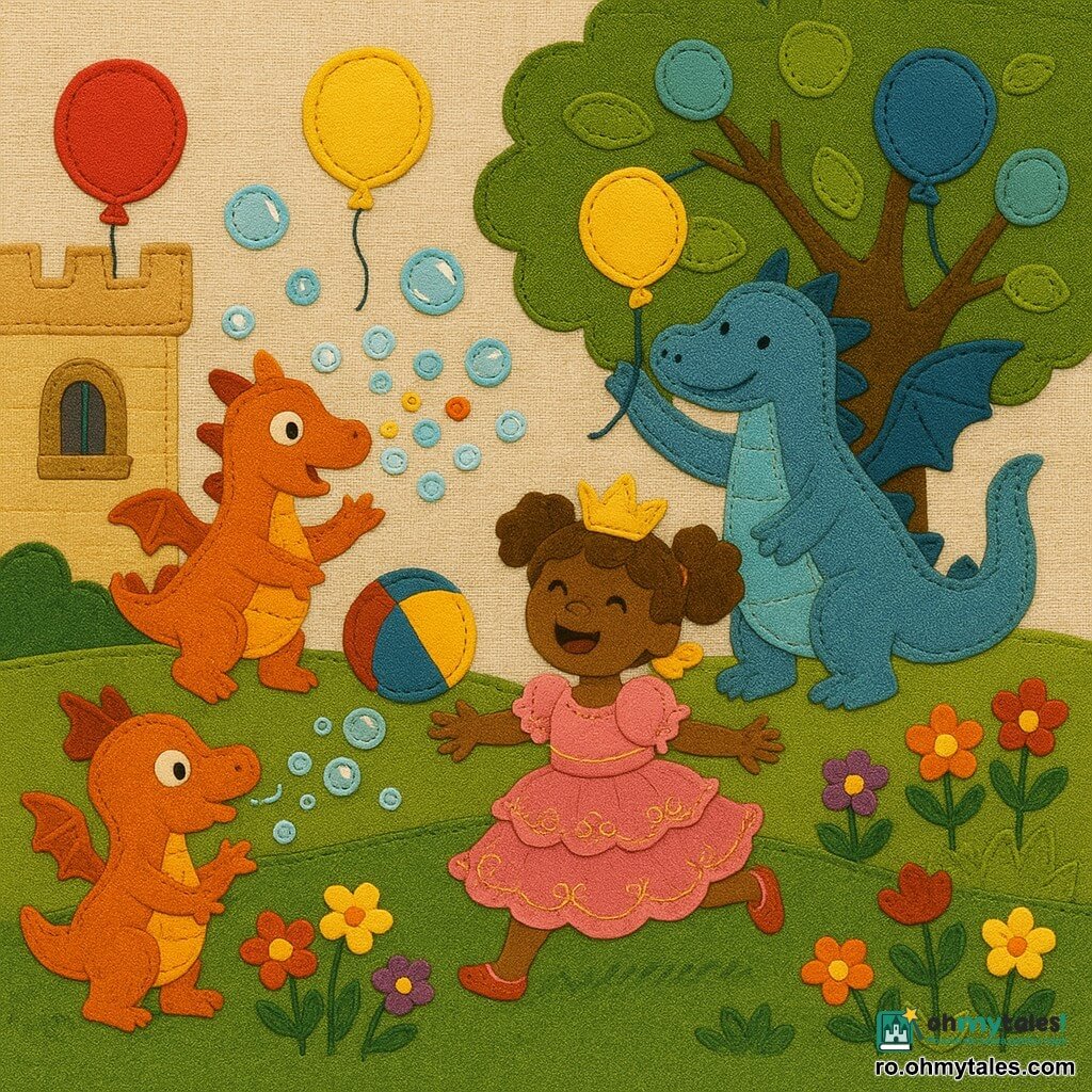 O prințesă de 6 ani cu părul blond buclat în cozi, rochie roz cu volane și broderii aurii, zâmbitoare, aleargă spre un mare balon colorat; un dragon mic portocaliu, nazdravan, la stânga, suflă norișori de mini-baloane, iar un dragon mai mare albastru, blând, în spate lângă un copac, ajută să scoată un balon din crengi. Decor: grădina castelului cu peluză verde tăiată curbat, foișoare de flori vii (roșu, galben, violet), un copac cu ramuri largi și frunze rotunde și un zid bej cu o fereastră cu obloane; baloane roșii, galbene și albastre și câteva bule de săpun strălucitoare plutesc sub un cer senin, toți se bucură. Stil aplicație textilă: forme simple, contururi cusute vizibile, texturi de stofă (catifea, in, bumbac imprimat), culori vii și contrastante, compoziție clară și lizibilă pentru copii mici.