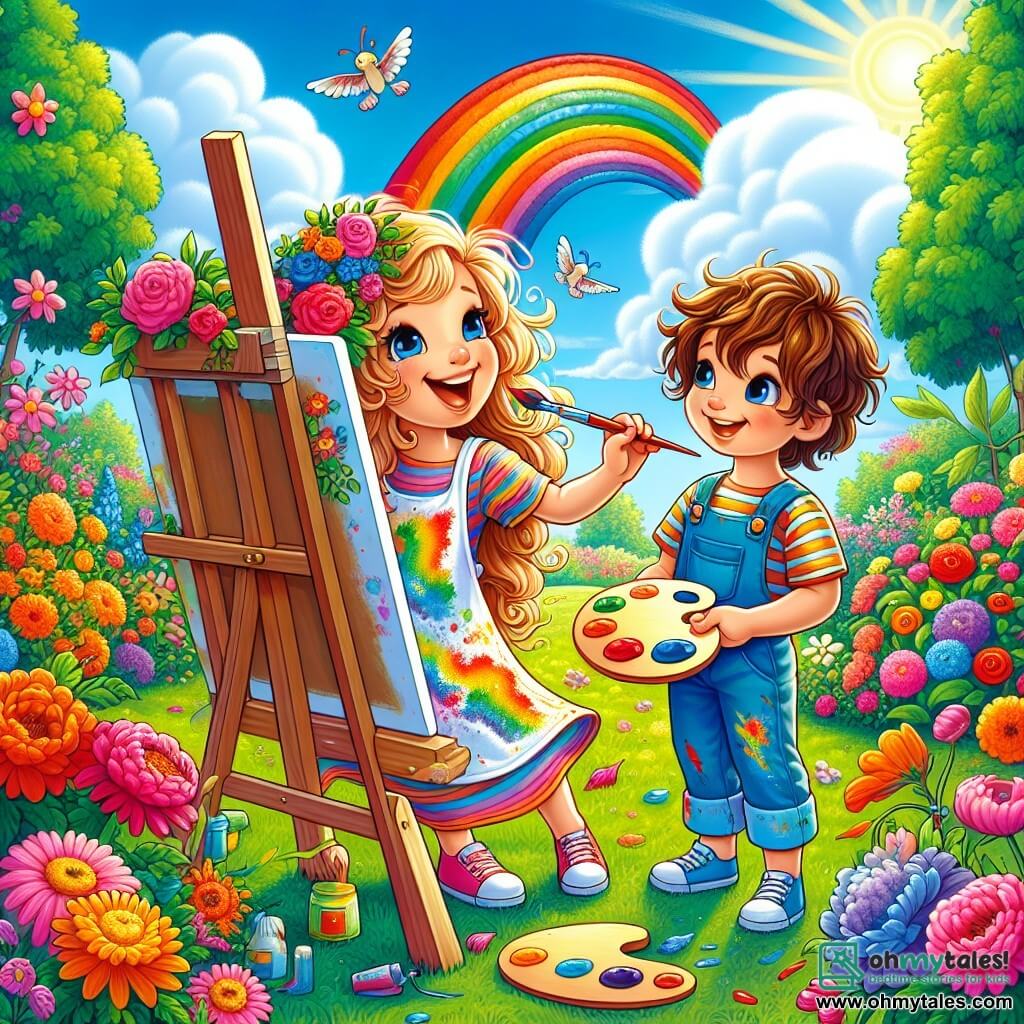 Mia, a joyful woman artist in her thirties, stands in front of a large easel, her long curly hair gently blowing in the wind. She wears a colorful paint-splattered smock, and her face radiates happiness as she mixes bright colors on her palette, ready to create a beautiful rainbow. Next to her, Timmy, an 8-year-old boy with messy brown hair and sparkling curious eyes, holds a small brush in his hand. He smiles widely, amazed by the colors, and looks with admiration at the painting they are creating together. The scene takes place in a sunny garden filled with vibrant flowers and lush greenery. The sky is a deep blue, dotted with fluffy white clouds, and the sweet scent of flowers wafts through the air. In this illustration, Mia and Timmy are painting a large rainbow on the canvas, their faces lit up with excitement for art and creativity, while colorful paint splatters surround their workspace, adding a touch of magic to their artistic adventure.