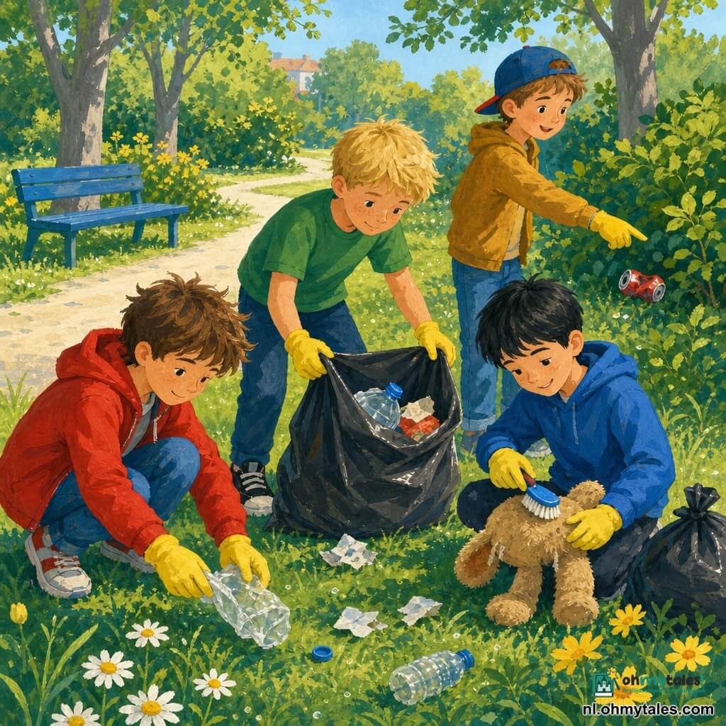 Vier jongens van ongeveer 9 jaar rapen samen zwerfvuil in een zonnig buurtpark: een bruinharige jongen in rood jasje en jeans hurkt met gele handschoenen om een plastic verpakking op te rapen; een blond met sproeten en groen T‑shirt houdt centraal een open vuilniszak; een zwartgehaarde jongen in blauw sweat staat rechts en borstelt een oude knuffel; een lichtbruinharige jongen met pet achterstevoren wijst naar een ingedrukte blikjes bij een struik klaar om op te rapen. Het park heeft ochtendlicht, dauw op het gras, groene struiken, een licht grindpad, een blauw bankje, grijze boomstammen en gele bloemetjes; de kinderen werken vrolijk en geconcentreerd samen.