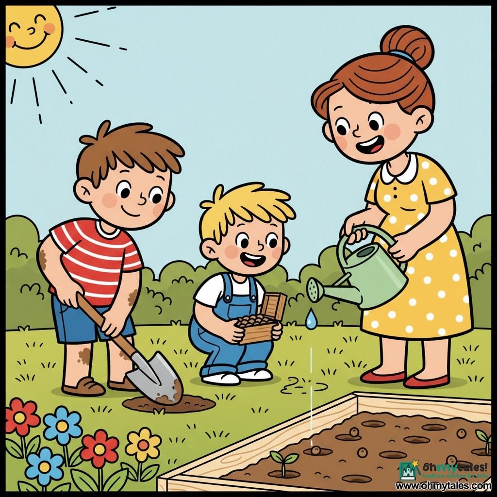 Three characters: a roughly 6-year-old boy with short brown hair and a red-and-white striped t-shirt on the left digging a small hole with a shiny metal shovel; a roughly 5-year-old blond boy in a blue overall crouched center, holding an open seed box and grinning; an adult woman (mother) with chestnut hair in a bun in a yellow polka-dot dress on the right, tilting a light green watering can with a visible drop falling. Scene: a sunny spring garden with textured green lawn, light wood border, colorful flowerbed (red, yellow, blue), a small vegetable patch with dark soil rows, and a pale blue sky with a smiling sun. Action: the children plant seeds in fresh-turned soil—small aligned holes, round seeds gently placed, the watering can sprinkling a fine rain, a small green shoot breaking the soil; bright colors, rounded black outlines, simple proportions and shapes, warm optimistic atmosphere.