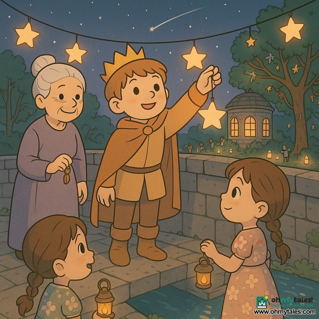 A young prince with a round smiling face, hazel eyes, a warm-brown cloak and light leather boots delicately holds a small star lantern toward a string of lights; to his left stands Lady Mira, an elderly librarian with white hair in a tight bun and a simple lavender dress, holding a small bronze keyring and smiling kindly, while Lila, a ~6-year-old girl with braided brown hair and a floral dress, stands at the bridge railing with a mini lantern, looking at the prince in admiration; the scene is a dusk lantern festival on an old worn stone bridge over a clear river reflecting the lanterns, with a round stone library with lit windows and trees decorated with ribbons and paper stars in the background as the prince hangs glowing stars on a garland above the bridge, children help, warm candles glow, and a shooting star crosses the sky above the river.