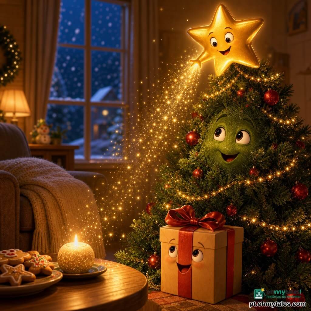 Uma pequena estrela dourada brilhante e sorridente no topo de um sapato de Natal verde e antropomórfico desce seu brilho suave sobre uma vela baixa de cera creme e um presente quadrado com laço vermelho ao pé da árvore; fagulhas douradas caem iluminando um sala acolhedora com chão de madeira, manta bege, janela com neve ao exterior e luz quente, criando uma atmosfera calma e alegre.