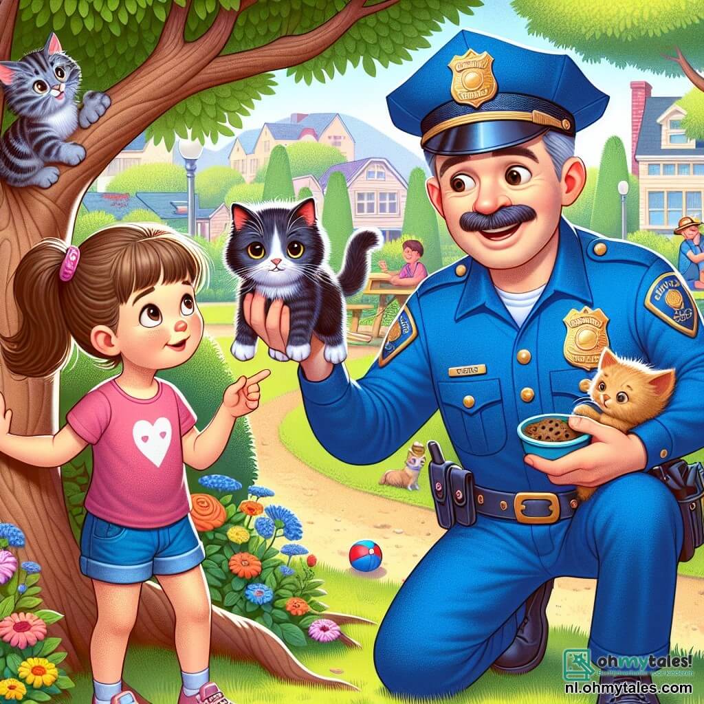 Een glimlachende politieagent, een man van rond de dertig met een goed verzorgde snor, draagt een helderblauw uniform en een glanzend insigne op zijn borst. Hij knielt naast een boom en steekt voorzichtig zijn hand uit naar een kleine gestreepte kitten, genaamd Muffin, die op een tak zit met grote, nieuwsgierige ogen vol angst. Naast hem kijkt een 7-jarig meisje met een paardenstaart, gekleed in een roze t-shirt en een spijkerbroekshort, vol verwondering naar de scène terwijl ze een klein schaaltje kattenvoer vasthoudt. Ze staat iets op de achtergrond, vol hoop dat Muffin naar beneden komt. De setting is een zonnig park met grote groene bomen, kleurrijke bloemen en een grindpad dat door het gras kronkelt. In de verte spelen kinderen met een bal en genieten gezinnen van een picknick. De hoofdscène toont de politieagent die probeert de kitten over te halen om van de boom te komen, terwijl het meisje hem aanmoedigt met een glimlach, wat een sfeer van kameraadschap en avontuur creëert.