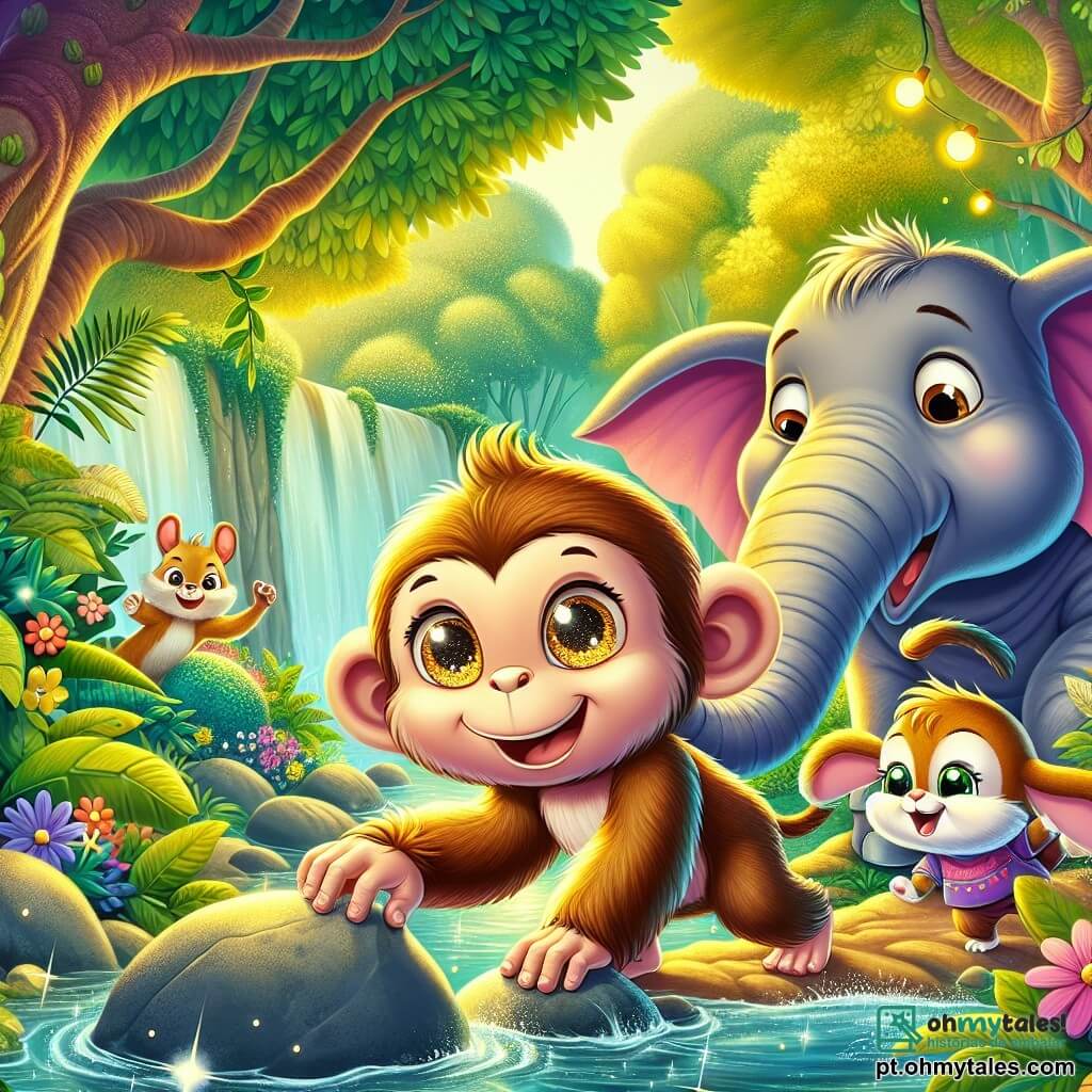 Um macaco chamado Lila, com pelagem dourada brilhante e grandes olhos cintilantes, está à beira de um riacho, seu rosto iluminado pela excitação e determinação. Ela está empurrando uma grande pedra com todas as suas forças, seus braços musculosos esticados e um sorriso cheio de esperança. Ao lado dela, um elefante chamado Beto, imenso e amigável, usa sua tromba para levantar outra pedra, seu olhar concentrado e corpo robusto mostrando sua força. Um pouco mais longe, uma pequena coelha chamada Mimi, com suas grandes orelhas e pelagem macia, salta alegremente para incentivar seus amigos, seus olhos brilhando de orgulho. O cenário é uma floresta verdejante, com árvores majestosas, flores coloridas pelo chão e um riacho cintilante que serpenteia pela paisagem, criando uma atmosfera mágica e viva. A situação principal mostra Lila e seus amigos unidos em um esforço coletivo para desobstruir o riacho, suas expressões cheias de determinação e amizade, ilustrando a força da colaboração em um momento de aventura.