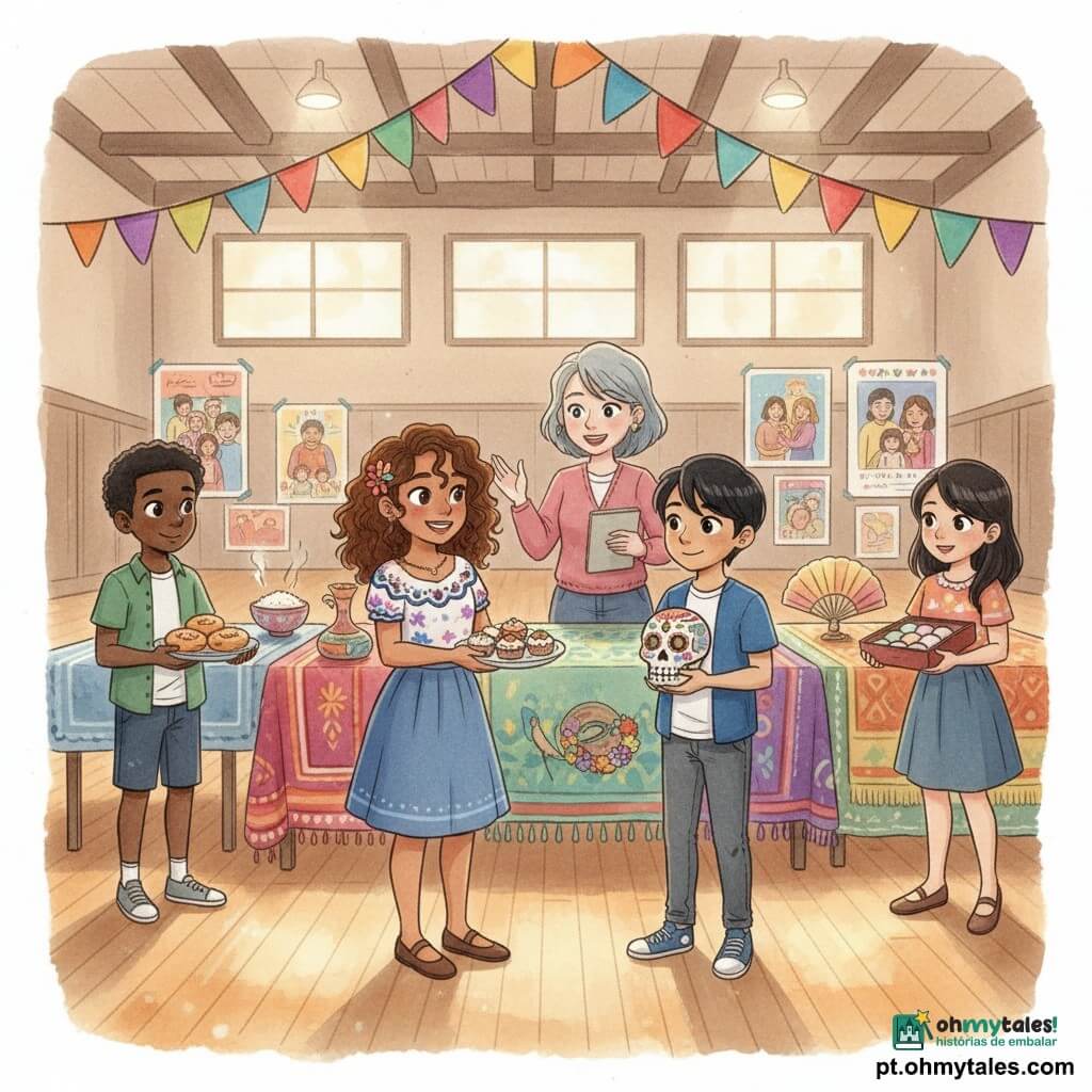Sofia, 12 anos, radiante e confiante, cabelos castanho-escuros encaracolados, pele morena clara, sorri e oferece um prato de docinhos numa mesa colorida; Miguel, cerca de 11 anos, novo aluno mexicano, pele oliva, cabelos pretos lisos, tímido mas reconfortado, apresenta uma pequena calavera de papel-machê ao lado dela; uma professora de ~35 anos, pele clara, cabelos curtos azul-acinzentados, recebe as crianças com um grande sorriso e um caderno na mão; outros colegas de origens diversas (um menino negro ~12 anos, uma menina asiática ~11 anos) aproximam-se curiosos, cada um com um prato ou objeto tradicional; o local é um ginásio transformado em feira cultural com bandeirolas coloridas, mesas forradas com tecidos variados, fotos nas paredes e iluminação suave; cena alegre da "semana da diversidade" com trocas de receitas e histórias, gestos amistosos e ambiente festivo e inclusivo.