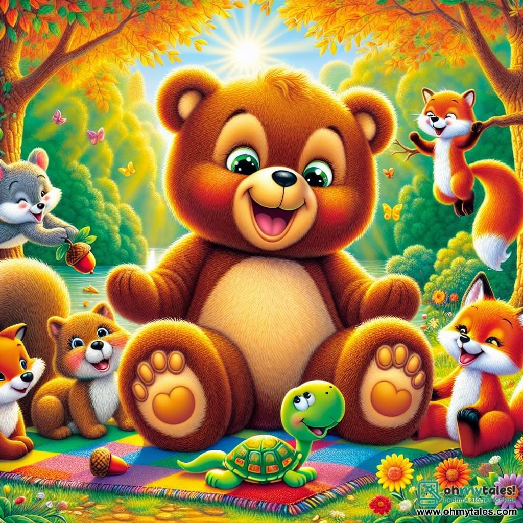 Benny the Bear, a soft and round teddy bear with a big smile and sparkling curious eyes, is sitting on a colorful blanket in the middle of the forest, surrounded by his friends. Lucy the Squirrel, a small red squirrel with a bushy tail, is perched on a branch just above Benny, looking excited with her little paws waving, holding an acorn in her hands. Fred the Fox, a bright orange fox with mischievous eyes, is sitting next to Benny, laughing with a big smile, while Tilly the Turtle, a green turtle with a colorful shell, is lying on her back with her legs in the air, laughing heartily. The setting is a sunny clearing surrounded by majestic trees with golden leaves, and colorful flowers dancing in the breeze. In the center, a large picnic blanket is spread out, filled with acorns, honey, and cookies, creating a joyful and friendly atmosphere. The main scene shows Benny and his friends celebrating their friendship after solving a mystery, sharing laughter and treats under a bright blue sky with rays of sunlight filtering through the branches.