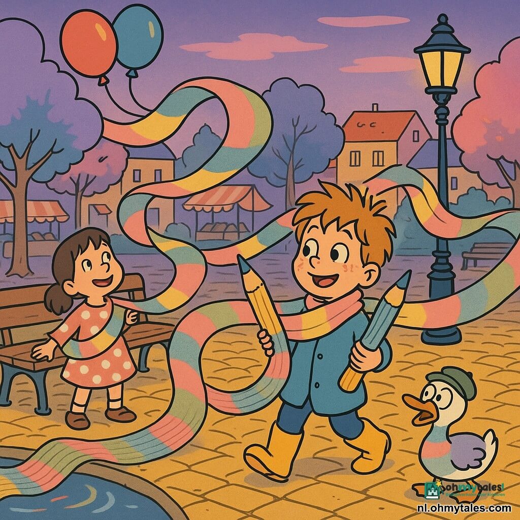 Een blij en verwonderd jongetje van 6 met lichtbruin warrig haar en sproetjes draagt een hemelsblauwe jas en gele regenlaarzen en breit met twee reuzenpotloden een gigantische sjaal in ochtendkleuren (zachtroze, goud, luchtblauw, mistgroen); links een glimlachend meisje van ongeveer 5 in een roze stippenjurk kijkt hoe de sjaal haar verloren ballonnen opvangt; op de achtergrond zit een oude man van circa 70 met rimpels, ronde bril en grijze hoed op een houten bank en strijkt over de sjaal alsof die hem verwarmt; een verbaasde eend met een klein groen petje staat bij een glinsterende vijver waar de sjaal overheen glijdt; het dorpsplein bij schemering heeft gele kasseien, een antieke lantaarn, pastelachtige bomen en vage marktkramen; warme, humoristische en licht magische sfeer, heldere lijnen en verzadigde maar zachte kleuren.