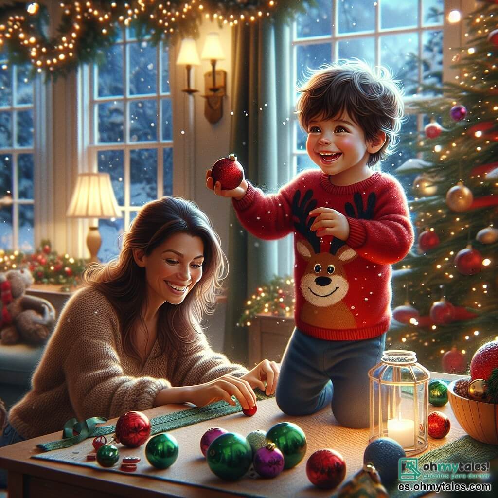 Un niño de 2 años, Tomás, con cabello castaño desordenado y ojos brillantes de alegría, está decorando una mesa con bolas de Navidad de colores. Lleva un suéter rojo con un diseño de reno y pantalones azules. Su rostro irradia emoción mientras sostiene una bola verde en sus pequeñas manos. A su lado, su madre, una mujer de unos 30 años con cabello largo castaño y una sonrisa cálida, lo observa con orgullo. Ella lleva un suéter de lana beige y está cerca de la puerta, lista para entrar en la habitación. La escena tiene lugar en una sala de estar acogedora, decorada con guirnaldas luminosas y un gran árbol de Navidad lleno de decoraciones coloridas. La situación principal muestra a Tomás colocando una bola roja en la mesa, pero esta rueda y cae, lo que lo hace reír. La atmósfera es alegre y festiva, llena del espíritu navideño.
