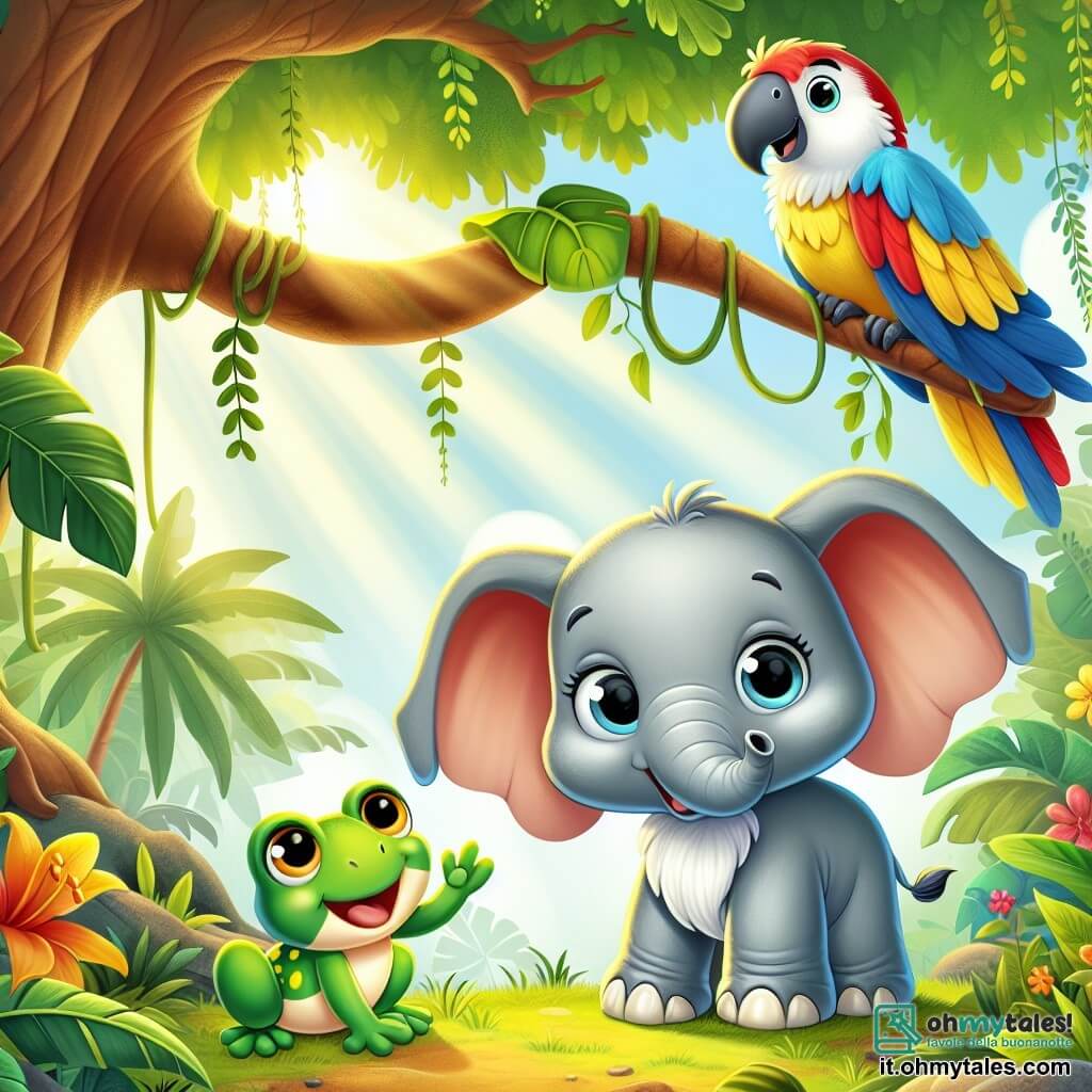 Un piccolo elefante di nome Felix, con una pelle grigia morbida e grandi orecchie espressive, si trova sotto un grande albero nella giungla tropicale. I suoi occhi brillano di eccitazione mentre guarda intorno, pronto per una nuova avventura. Accanto a lui, una piccola rana verde di nome Rina, con macchie gialle sulla schiena, salta gioiosamente su una foglia, mostrando un ampio sorriso. Sembra piena di energia, pronta a mostrare a Felix come esplorare la giungla. Un pappagallo colorato, Paco, con piume brillanti di rosso, blu e giallo, è posato su un ramo sopra di loro. Sembra curioso e amichevole, raccontando una storia avvincente a Felix e Rina, i suoi occhi scintillanti di entusiasmo. La scena si svolge in una giungla lussureggiante, piena di grandi foglie verdi, fiori colorati e liane sospese. Raggi di sole filtrano attraverso il fogliame, creando giochi di ombra e luce sul terreno. La situazione principale mostra Felix, Rina e Paco riuniti, pronti a partire per l'avventura, con espressioni di gioia e eccitazione sui loro volti, circondati dalla bellezza vibrante della natura.