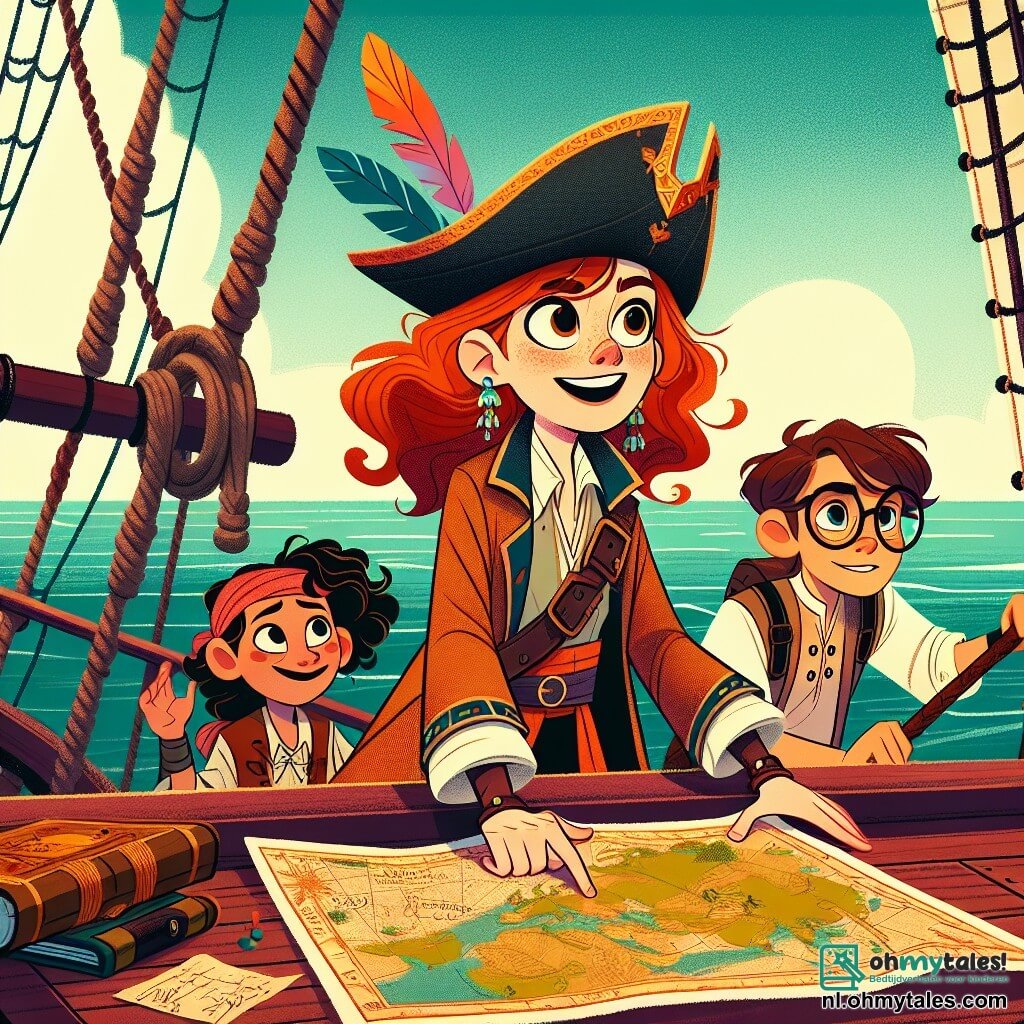 Op de voorgrond staat kapitein Elara, een vrouw met lange, wapperende rode haren, trots op het dek van haar schip, de "Stérrenvanger". Haar ogen stralen van opwinding en vastberadenheid terwijl ze de horizon afspeurt naar nieuwe avonturen. Ze draagt een piratenhoed versierd met kleurrijke veren en een leren jack, met een oude kaart in haar rechterhand. Naast haar kijkt Finn, een jongen van ongeveer 12 jaar met ronde bril en rommelige bruine haren, geconcentreerd naar een opgevouwen kaart op het dek. Verderop hangt Kaya, een robuust meisje van 10 jaar met gevlochten haar, aan een touw, glimlachend en bereid om te helpen. De scène speelt zich af op het houten dek van het schip, omringd door een sprankelende turquoise zee onder een heldere blauwe lucht met enkele drijvende witte wolken. Op de achtergrond tekenen groene eilanden zich af aan de horizon, die mysterie en schatten beloven. De hoofd situatie toont Elara en haar team die zich voorbereiden op een nieuw avontuur, terwijl de golven tegen de romp van het schip slaan, op weg naar de mysterieuze Eilanden van de Zonsondergang, vol beloftes en ontdekkingen.