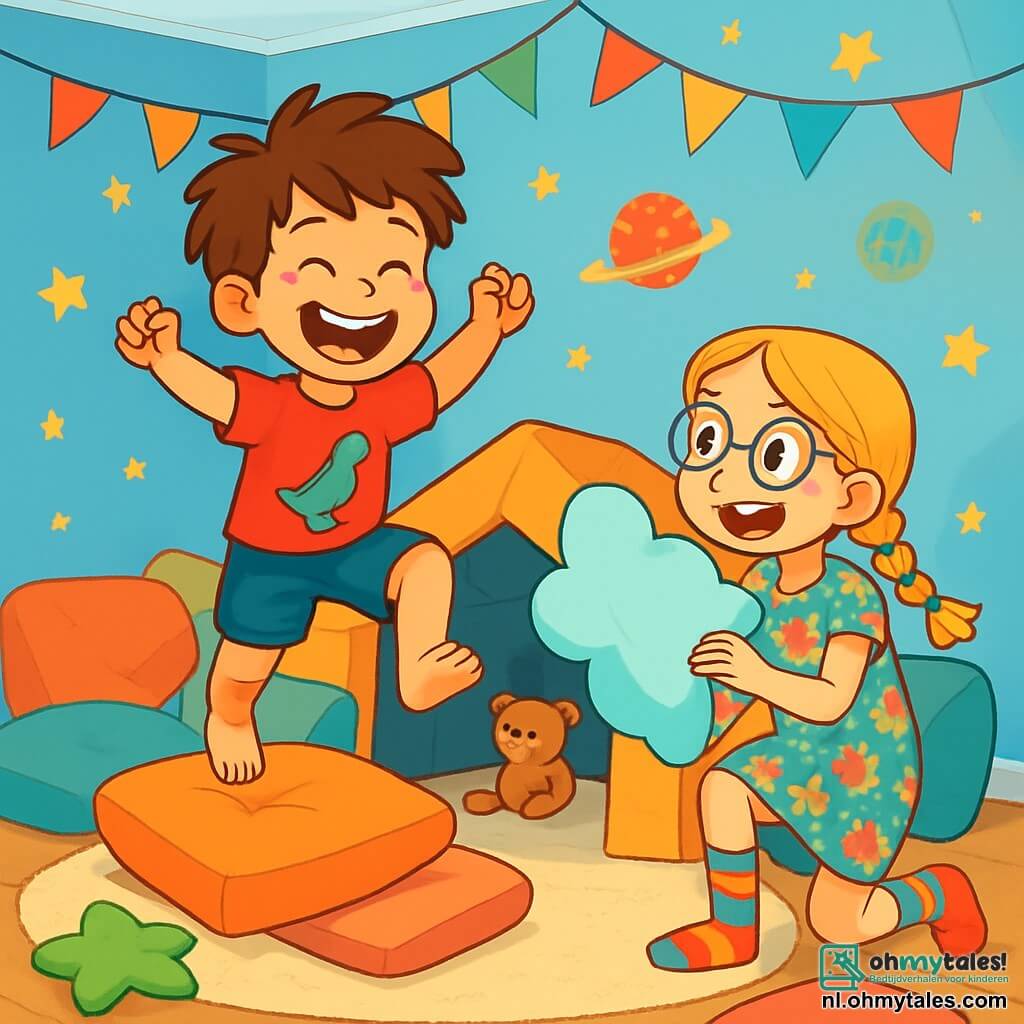 Er zijn 2 hoofdpersonages: - Bram: een 7-jarig jongetje met rommelig bruin haar en sprankelende ogen. Hij draagt een rood t-shirt met een dinosaurus en een blauwe short. Hij springt op een kussen en lacht luid. - Lotte: een 9-jarig meisje met gevlochten blond haar en ronde brillen. Ze draagt een kleurrijke bloemenjurk en gestreepte sokken. Ze zit naast Bram, met een wolkenkussen in haar handen, klaar om het te gooien. De situatie speelt zich af in hun kamer, die is omgetoverd tot een waar speelparadijs. De muren zijn lichtblauw geschilderd en versierd met sterren- en planetenstickers. Een groot, zacht tapijt bedekt de vloer, en overal liggen kussens in verschillende kleuren verspreid, die samen een fort vormen. Kleurrijke papieren slingers hangen aan het plafond en voegen een feestelijke sfeer toe. De hoofdactie van het verhaal toont Bram en Lotte die volop avontuur beleven in hun "Geheime Hut". Ze springen op de kussens, lachen en doen alsof ze ontdekkingsreizigers zijn in een fantasiewereld, omringd door hun speelgoed en knuffels die hen vergezellen op hun zoektocht.
