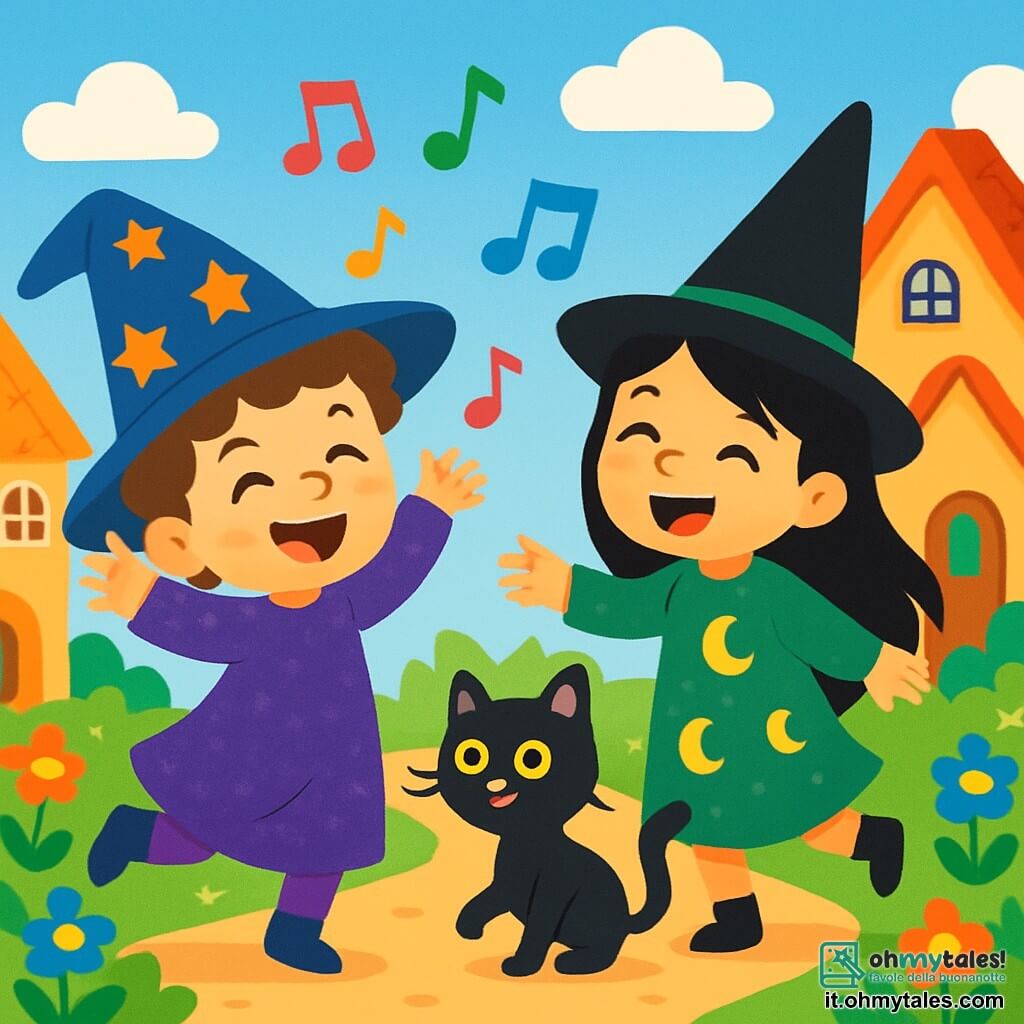 Un giovane mago di nome Pippo, con un grande sorriso malizioso, indossa un cappello a punta blu decorato con stelle dorate. I suoi capelli ricci e castani spuntano dal cappello, e indossa una veste viola scintillante. Pippo danza gioiosamente, con le braccia alzate, circondato da note musicali colorate che fluttuano intorno a lui. Accanto a lui, Luna, una piccola strega di 8 anni, ha lunghi capelli neri e indossa un vestito verde con motivi lunari. Ride mentre fa danzare un gatto nero dagli occhi brillanti, che si trova ai suoi piedi, vivace e curioso. La scena si svolge in un villaggio incantevole, con case di pan di zenzero dai tetti colorati, fiori multicolori che crescono sui marciapiedi e un cielo blu punteggiato di nuvole soffici. Pippo e Luna si divertono insieme, circondati dalla magia, mentre il cappello di Pippo canta una melodia gioiosa, facendo danzare gatti e fiori.