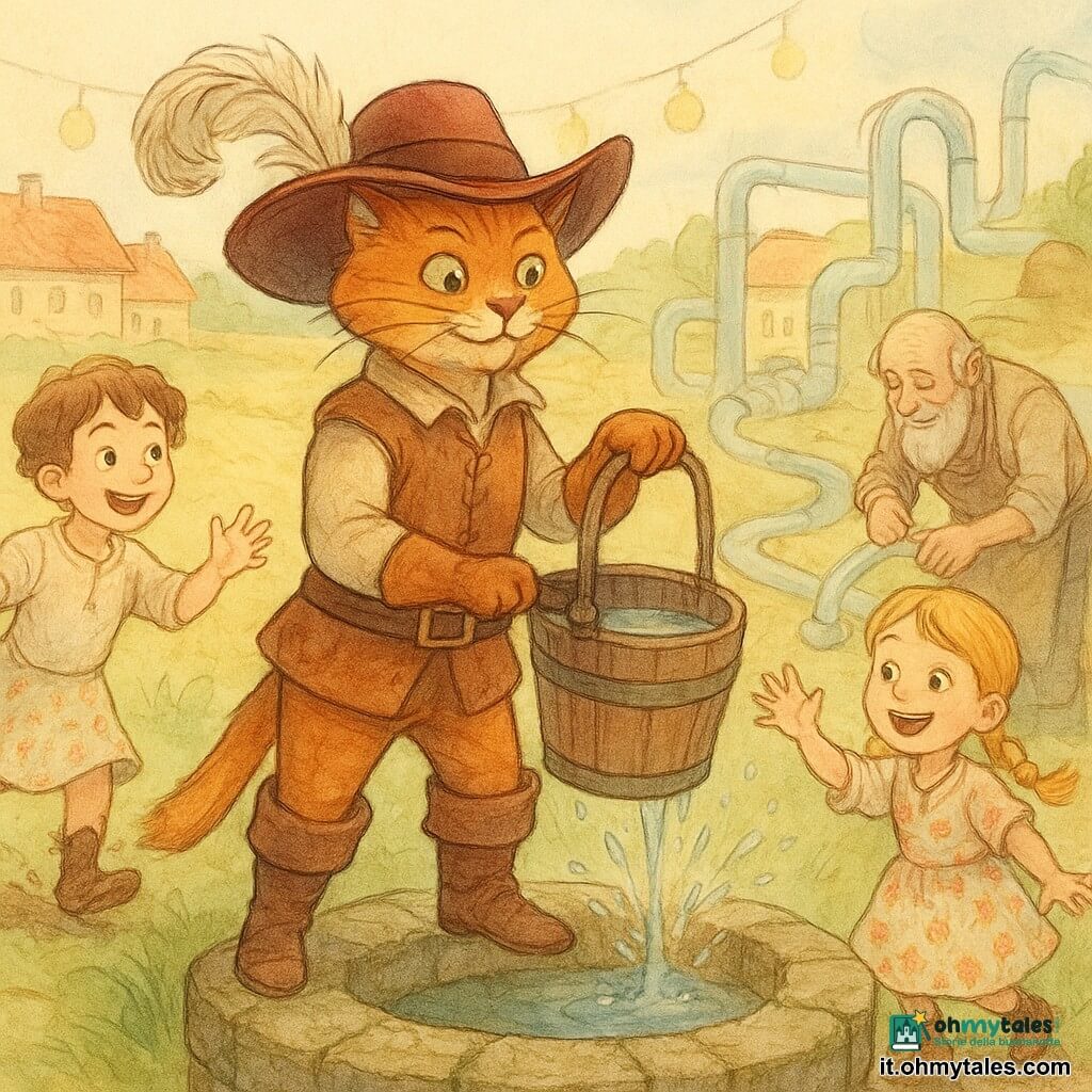 Il Gatto con gli stivali al centro, fiero e malizioso, pelo ruggine lucido, stivali di cuoio e cappello piumato, tira un secchio d'acqua dal vecchio pozzo; alla sua destra un ragazzo di circa 8 anni dai capelli castani ricci ride e tende la mano, alla sinistra una bambina di circa 6 anni con vestito a fiori e trecce salta gioiosa con scarpe impolverate; un vecchio fabbro di circa 60 anni con barba grigia e grembiule di pelle sistema una tubatura trasparente sullo sfondo; il pozzo in primo piano ha pietre muschiose e una margine consumata, mentre sullo sfondo il villaggio di tegole rosse, campi dorati e tubi trasparenti che conducono a serbatoi comuni, con alcuni paesani sorridenti: atmosfera calorosa e festosa al crepuscolo, luci soffuse, lanterne sospese e spruzzi d'acqua scintillanti per l'inaugurazione e la condivisione dell'acqua.