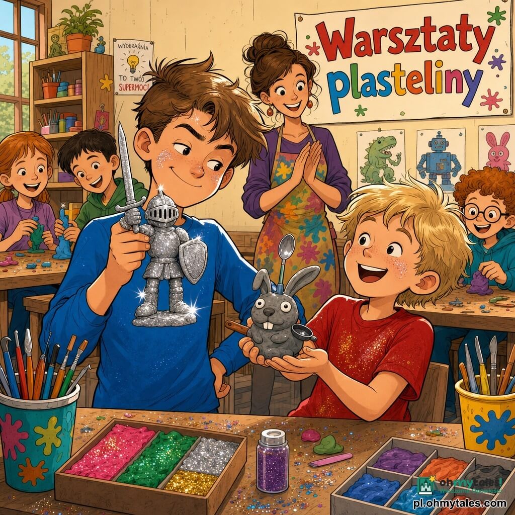 Dwunastoletni chłopiec o figlarnej, ochronnej minie i rozczochranych brązowych włosach w niebieskim długim t‑shircie trzyma dumnie z przodu srebrną plastelinową figurkę rycerza; obok jego ośmioletni brat o blond, krótkich włosach i marzycielskim uśmiechu w czerwonym T‑sharcie z brokatowymi plamkami pokazuje zabawny szary „statko‑królik” z anteną‑łyżką i maleńkim trzonkiem do naleśników; kobieta‑animatorka z ciepłym uśmiechem, kokiem i kolorowym fartuchem stoi lekko z tyłu przy stole i delikatnie klaszcze; jasne warsztatowe wnętrze z dużymi drewnianymi stołami, otwartymi pudełkami plasteliny w jaskrawych kolorach (róż, zielony, srebro, złoto, brokat), słoikami pędzli i rozsypanym brokatem oraz dużym panelem „Warsztaty plasteliny” na ścianie; scena radosnej, komicznej prezentacji, chłopcy pokazują swoje prace przed śmiejącymi się dziećmi, ciepłe światło podkreśla brokatowe refleksy, nasycone kolory, wyraźne kontury, styl franko‑belgijski.