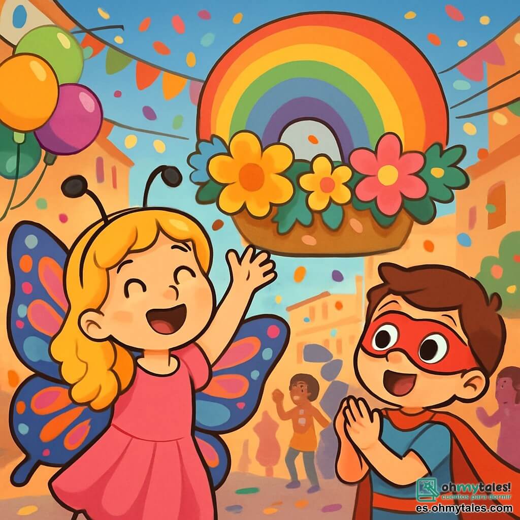 Una niña de 6 años, Lucía, con largos cabellos dorados rizados, lleva un hermoso disfraz de mariposa con alas brillantes y coloridas. Tiene ojos chispeantes de alegría y una gran sonrisa en su rostro, levantando los brazos al aire con asombro. A su lado, un niño de 6 años disfrazado de superhéroe con una capa roja y una máscara aplaude con entusiasmo, con los ojos abiertos de felicidad. En el fondo, una calle animada del carnaval está decorada con guirnaldas de flores brillantes, globos multicolores y luces centelleantes, con gente en disfraces variados bailando y riendo. La escena muestra a Lucía descubriendo el Globo Arcoíris flotando sobre un carro decorado con flores gigantes, mientras caen confetis de colores del cielo, creando un ambiente festivo y mágico.