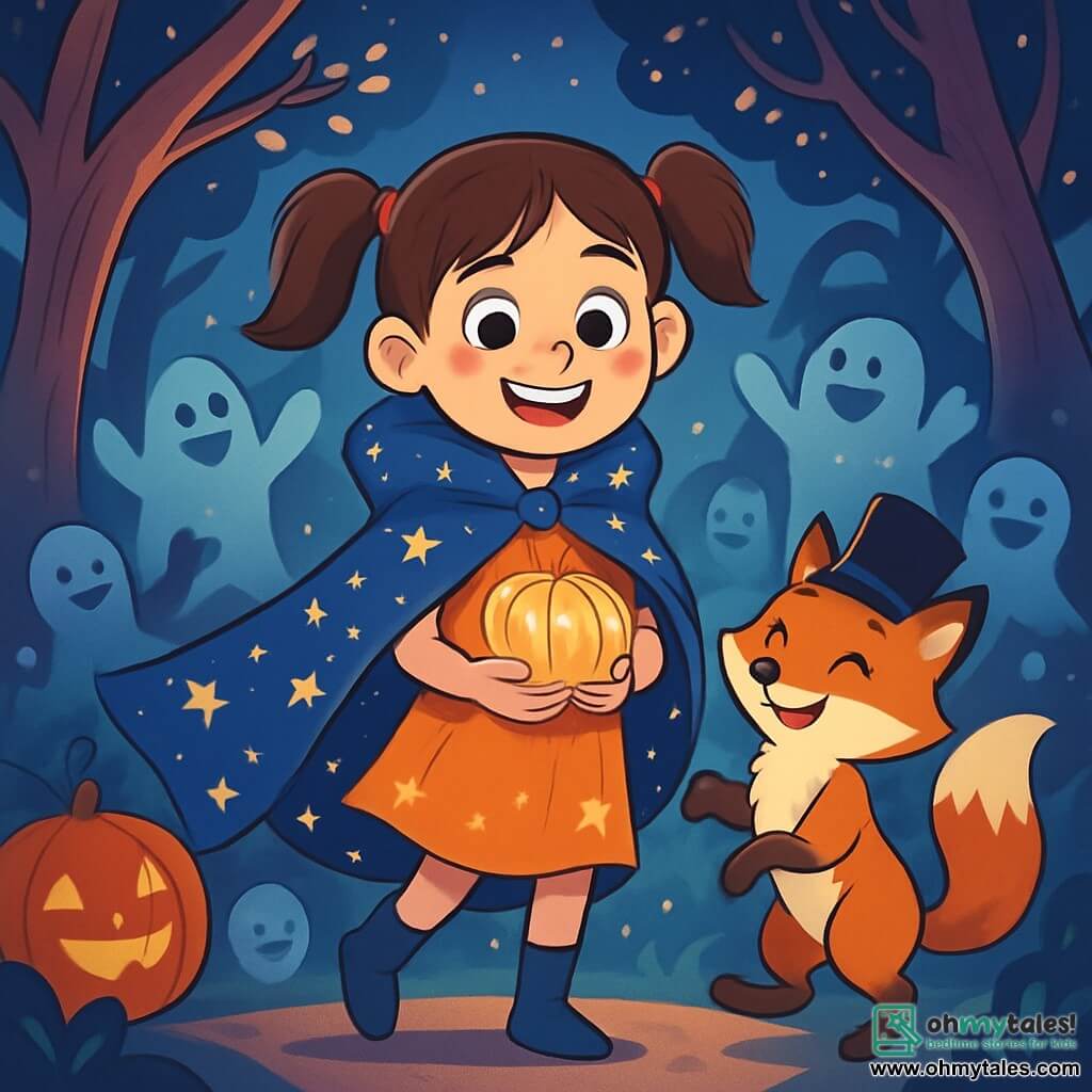 A 12-year-old girl named Lily stands at the center of the scene, her eyes sparkling with excitement and a wide smile on her face. She wears a beautiful shimmering cape adorned with stars, floating around her like a magical cloud. Her brown hair is tied in two pigtails, and she holds a pumpkin-shaped crystal in her hands, radiating a soft light. Next to her is Felix, a mischievous little fox with bright orange fur and a black top hat, joyfully dancing with his tail wrapped around his paws. He looks amused and encouraging, ready to accompany her on her adventure. The setting is an enchanted forest, where twisted trees rise towards the night sky, their leaves sparkling like stars. Shadows dance around them, creating a mysterious yet welcoming atmosphere, with soft lights emanating from carved pumpkins. Lily and Felix dance together, surrounded by joyful silhouettes of ghosts and Halloween creatures, celebrating magic and friendship at the heart of the forest. The air is filled with laughter and vibrant colors, illustrating a scene of courage and joy.