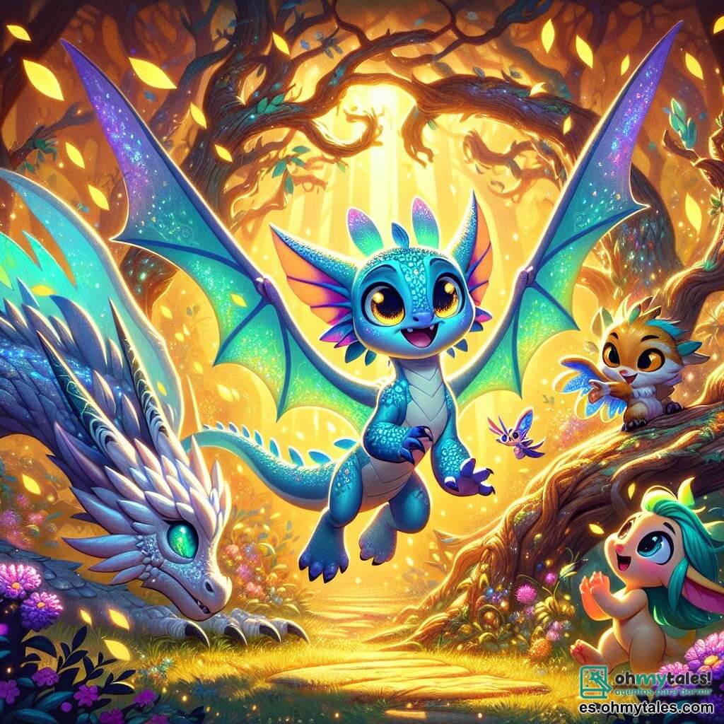En el centro de la imagen, Lira, una pequeña dragona de escamas azules brillantes y alas translúcidas, despliega sus alas con determinación. Sus ojos brillan de emoción y nerviosismo mientras se lanza al aire, rodeada de hojas doradas que giran a su alrededor. A la izquierda, Sirka, la hermana mayor de Lira, es una dragona majestuosa con escamas plateadas y alas anchas, que la anima con una sonrisa benevolente, sus ojos chispeantes de orgullo. A la derecha, Tilo, un pequeño duende de cabello verde y ojos traviesos, aplaude con entusiasmo, saltando en el lugar, mientras Zuni, una ardilla de pelaje sedoso y ojos vivos, trepa por una rama, agitando una pequeña pancarta colorida. El escenario es un claro encantado, bañado en luz dorada, con árboles de troncos retorcidos y flores brillantes que bailan al compás del viento. Lira está a punto de realizar un salto audaz en el aire, lista para superar sus dudas y demostrar su fuerza interior, mientras sus amigos la animan con alegría y admiración.