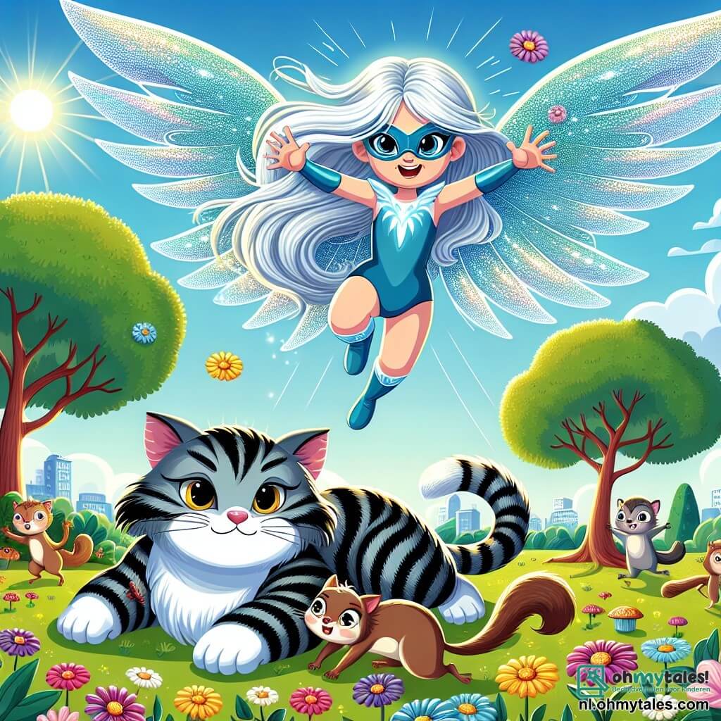 Luna, een superheldin, is een jonge vrouw met lange glanzende vleugels en zilverachtig haar dat in de zon schittert. Ze heeft sprankelende ogen als sterren en een brede blije glimlach. Ze vliegt door de lucht, met open armen, vol energie en vastberadenheid. Karel, een grote kat met gestreepte vacht en doordringende ogen, zit op zijn achterpoten met een gefrustreerde uitdrukking op zijn gezicht, kijkend naar de bloemen met verlangen, klaar om ze te grijpen. Om hen heen is een groep ondeugende eekhoorns, klein en levendig, druk bezig met het verzamelen van hazelnoten. Ze zijn behendig en nieuwsgierig, met pluizige staarten en ondeugende ogen, die rond Karel rennen om hem af te leiden. De scène speelt zich af in een zonnig park, vol kleurrijke bloemen en grote bomen met heldergroene bladeren. De lucht is blauw met enkele donzige witte wolken, en de zonnestralen verlichten het landschap. Luna vliegt boven Karel, probeert te voorkomen dat hij de bloemen pakt, terwijl de eekhoorns om hen heen actief zijn, wat een dynamische en levendige sfeer creëert.