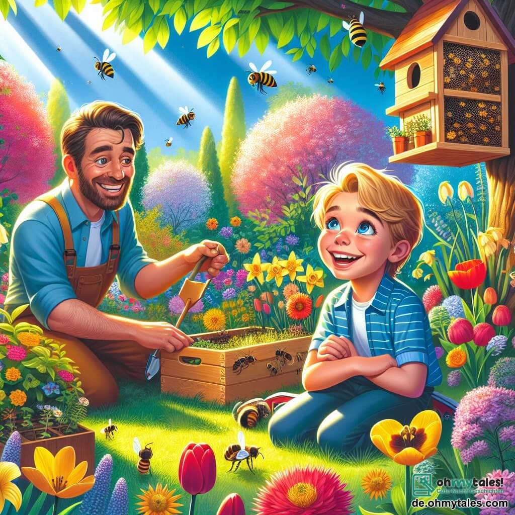 Ein 9-jähriger Junge, Maximilian, mit strahlend blonden Haaren und funkelnden blauen Augen, sitzt in einem blühenden Garten. Er lächelt breit, voller Staunen, während er die summenden Bienen um ein Insektenhotel beobachtet, das er gerade gebaut hat. Neben ihm beugt sich sein Vater, ein etwa 35-jähriger Mann mit freundlichem Gesicht und braunem Bart, zu ihm, um ihm die Bedeutung der Bienen zu erklären, während er ein Gartengerät in der Hand hält. Seine Mutter, eine etwa 33-jährige Frau mit braunen Haaren und sanften Augen, ist etwas weiter entfernt und arrangiert bunte Blumen auf einem Tisch für das Frühlingsfest. Der Garten ist ein wahres Farbenmeer mit blühenden Kirschbäumen, Tulpen und Narzissen, die im leichten Wind tanzen. Sonnenstrahlen brechen durch die Blätter und werfen zarte Schatten auf den Boden. Die Hauptsituation zeigt Maximilian, der von der Natur fasziniert ist, während er lernt, die Bienen zu schützen und mit seiner Familie den Frühling zu feiern, umgeben von floraler Schönheit und den fröhlichen Klängen von Vögeln und Insekten.