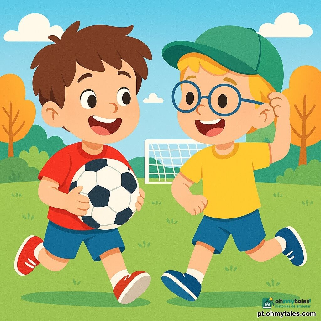 Téo, um garoto de 8 anos, é alegre e entusiasmado, com cabelos castanhos bagunçados e um grande sorriso. Ele usa uma camisa vermelha brilhante e shorts azuis, segurando uma bola de futebol nas mãos, pronto para jogar no campo. Ao seu lado, seu amigo Lucas, um garoto de 7 anos com óculos e cabelos loiros, ri enquanto ajusta seu boné verde, pronto para entrar no jogo. Ao fundo, vê-se um grande campo de futebol verde, cercado por árvores coloridas e um céu azul brilhante. A cena principal mostra Téo e Lucas correndo juntos em direção à bola, com sorrisos de alegria nos rostos, prontos para marcar um gol.
