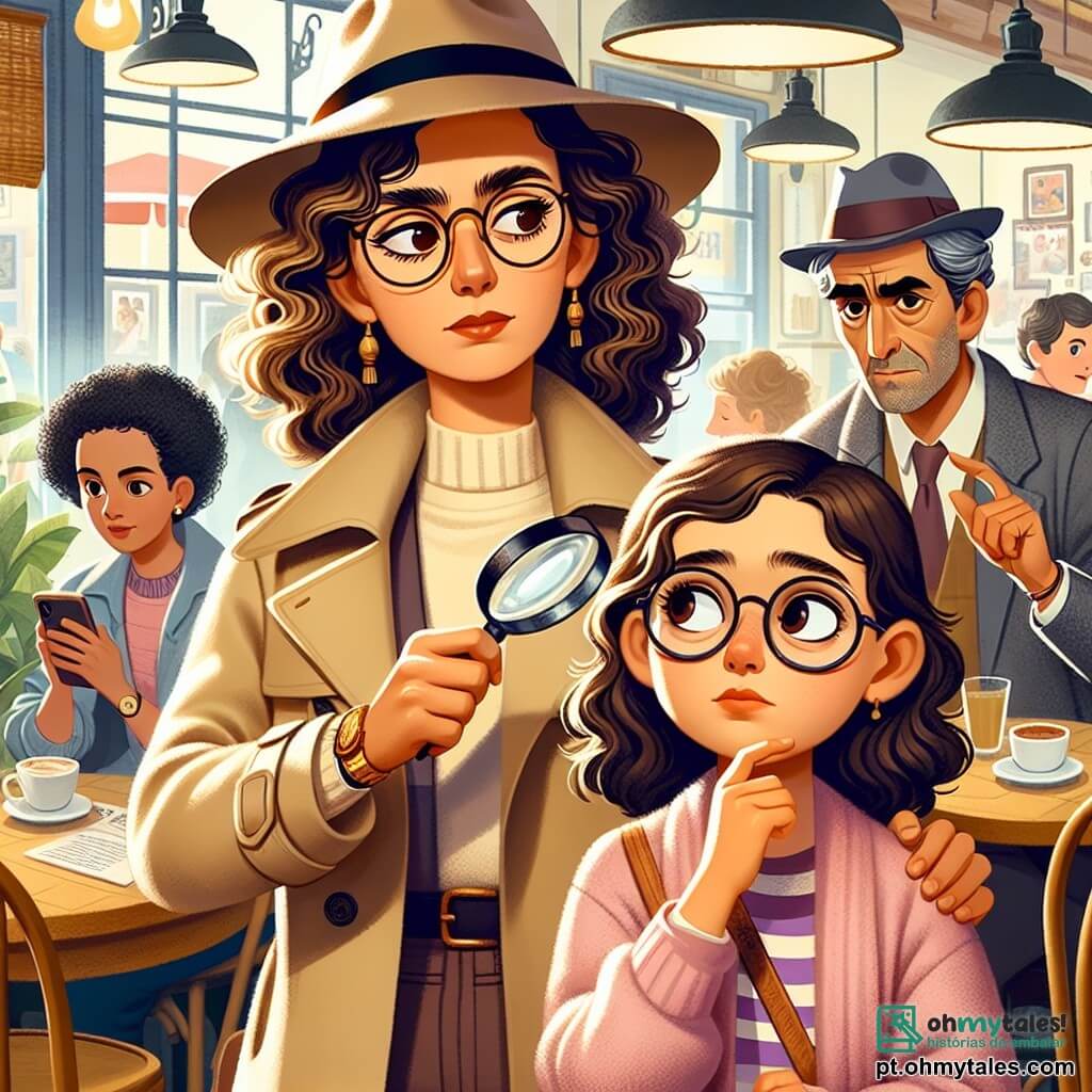 Clara Moreira, uma detetive de cerca de trinta anos, tem cabelo castanho e cacheado, vestindo um trench coat bege e um chapéu de feltro. Ela exibe uma expressão concentrada e determinada, segurando uma lupa em uma mão e um caderno na outra, observando atentamente uma cena à sua frente. Ao seu lado, Marta, uma jovem de cerca de 25 anos com cabelo loiro e óculos, parece ansiosa mas aliviada. Ela se mantém um pouco afastada, olhando para Clara com esperança, enquanto aponta discretamente para um homem ao longe. Carlos, um homem de quarenta anos, é um ex-funcionário com cabelo negro grisalho e um olhar suspeito. Ele está em uma mesa de café, parecendo desconfiado, verificando seu telefone, inconsciente de que está sendo observado. A cena acontece em um café movimentado, com mesas de madeira, cadeiras coloridas e clientes conversando alegremente ao fundo. Luzes suaves iluminam o local, criando uma atmosfera acolhedora e intrigante. Clara observa Carlos, pronta para desmascarar seu plano, enquanto Marta, com esperança nos olhos, indica discretamente a ameaça que pesa sobre ela.