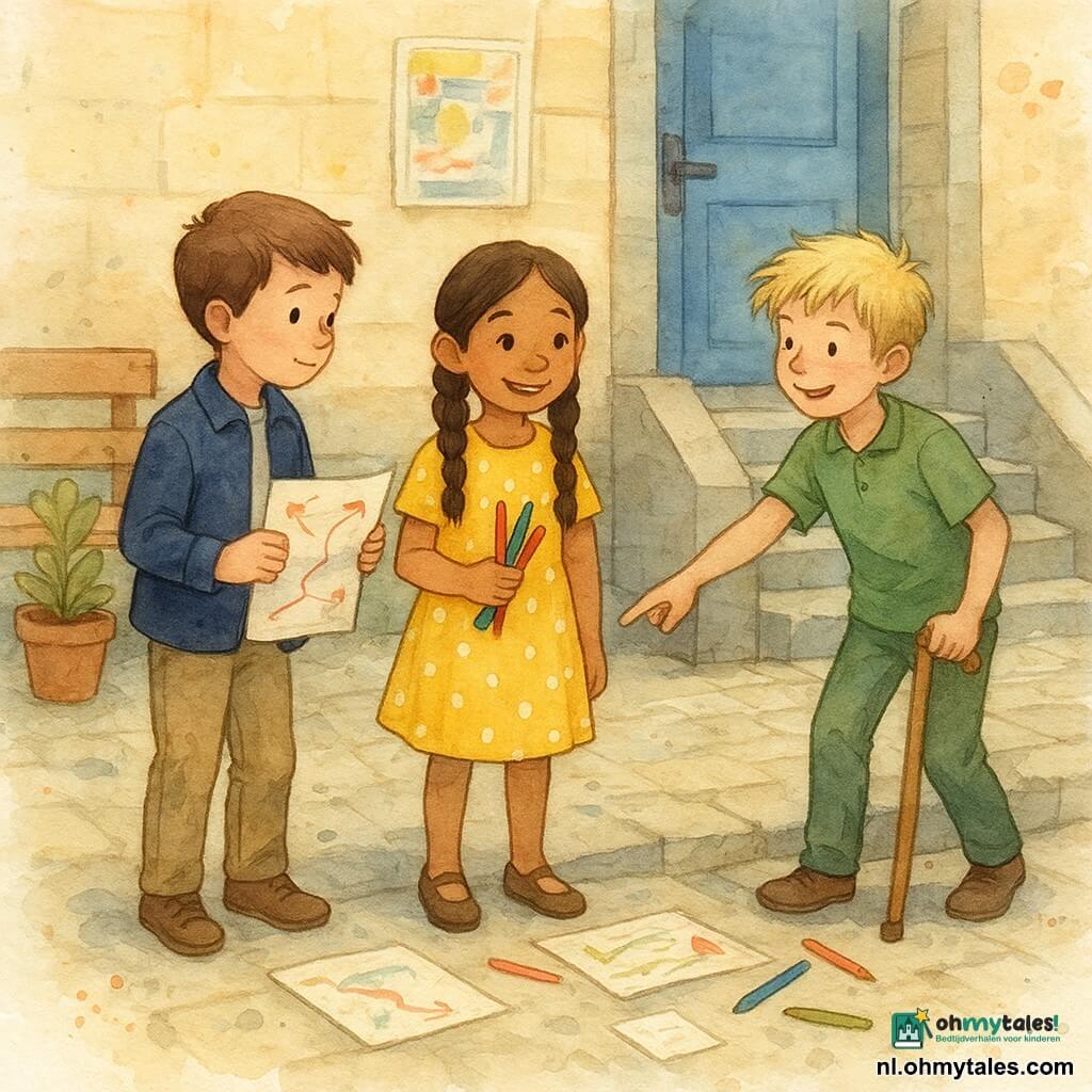 Drie kinderen staan voor de wijkbibliotheek: Sam (9) met kort kastanjebruin haar, marineblauw jasje en beige broek links, houdt een kaart met rode pijlen; Noor (9) in een gele jurk met witte stippen in het midden, gevlochten haar, glimlacht en houdt kleurpotloden; Finn (10) rechts bij een laag grijs stenen muurtje, warrig blond haar en groene broek, leunt op een lichte houten stok en wijst naar een hoek waar een helling handig zou zijn. Ze bekijken en schetsen een oplossing om de ingang toegankelijk te maken; papieren, posters en kleurpotloden liggen verspreid op de lichte klinkers voor een oneffen stenen trap en een blauwe houten deur, zachte ochtendlichtsfeer en pastelkleuren met aquareltextuur.