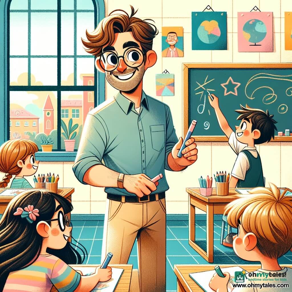 A smiling teacher in his thirties, with slightly tousled brown hair and round glasses, stands in the center of the classroom. His face radiates pride and enthusiasm as he observes his students. He wears a blue shirt and beige pants, holding a piece of chalk in his hand. To his right, an 8-year-old girl named Mei, with long braided black hair and glasses, carefully draws stars on a blackboard. To his left, a 9-year-old boy named Sam, with messy blonde hair and a big smile, holds a clipboard and takes notes seriously. The scene takes place in a bright classroom with pastel yellow walls, colorful posters, and windows letting in sunlight. Wooden tables are arranged in small groups, with colored pencils scattered around. The teacher passionately explains how to use pieces of chalk to create artwork, while the children listen attentively, captivated by his words. The atmosphere is joyful and creative, filled with laughter and excitement.