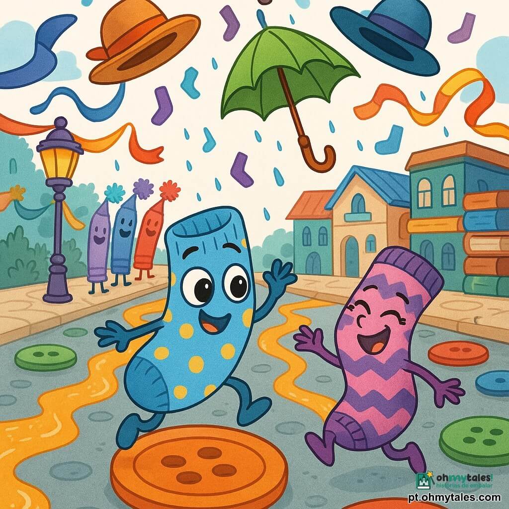 O personagem principal é Tico, meia pela metade azul‑céu com bolinhas amarelas, rosto bordado, grandes olhos e sorriso costurado, saltando num seixo em forma de botão. A meia secundária é Lila, listrada roxa e rosa com zig‑zag, maliciosa e rindo, estendendo a mão para brincar ao lado de Tico. Um guarda‑chuva acrobata chamado Pingo, verde maçã com cabo de madeira esculpida, gira suspenso acima. Um grupo de lápis dança em fileira com cores vivas e sorrisos pintados, pompons de borracha a saltitar. Chapéus flutuam como balões, em feltro e palha, com fitas ao vento. O cenário é a Cidade dos Objetos Perdidos: ruas de botões gigantes, um riachinho de suco de laranja cintilante, fachadas de livros empilhados, postes de luz feitos de lápis e guirlandas de fitas. A cena mostra um encontro alegre num carnaval de objetos vivos, todos rindo e dançando sob uma chuva leve de confetes em forma de meias.