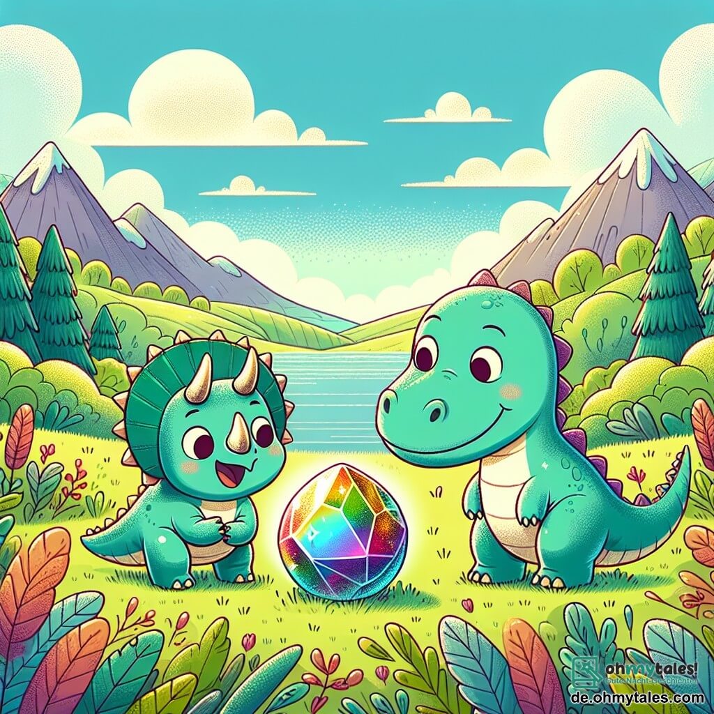 Ein kleiner Triceratops namens Tino mit strahlend grüner Haut, drei spitzen Hörnern und einem großen Schild auf dem Kopf zeigt große Neugier, während er einen großen, runden und schimmernden, bunten Stein betrachtet. An seiner Seite steht sein Freund, ein mehrere Meter langer Diplodocus namens Dino mit einem langen Hals und hellblauer Haut, der lächelt und den Stein mit Staunen beobachtet. Sie befinden sich in einem weiten, grünen Tal, umgeben von majestätischen Bergen und großen Bäumen mit bunten Blättern, unter einem blauen Himmel mit flauschigen weißen Wolken. Die Szene zeigt Tino und Dino, die um den magischen Stein spielen, der in allen Farben leuchtet und Freundschaft und Abenteuer symbolisiert.