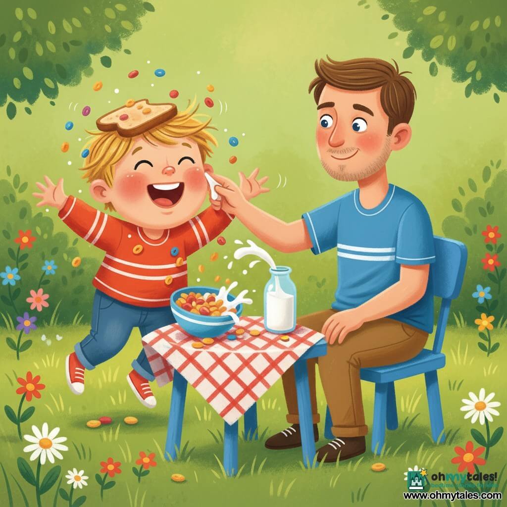 A joyful, chaotic Father’s Day breakfast in a backyard: a crumb-covered 4-year-old blond boy with bright blue eyes wears a slice of toast as a hat, laughing and jumping; a ~35-year-old man with short brown hair and stubble sits beside him smiling and wiping a milk drop; green grass with daisies and dandelions, a blue painted wooden table, a red-and-white check picnic blanket, a tipped cereal bowl with flakes scattered and an open milk bottle splashing; warm, bright atmosphere, soft pastel textures, vivid colors and rounded shapes, composition focused on the father–son bond.