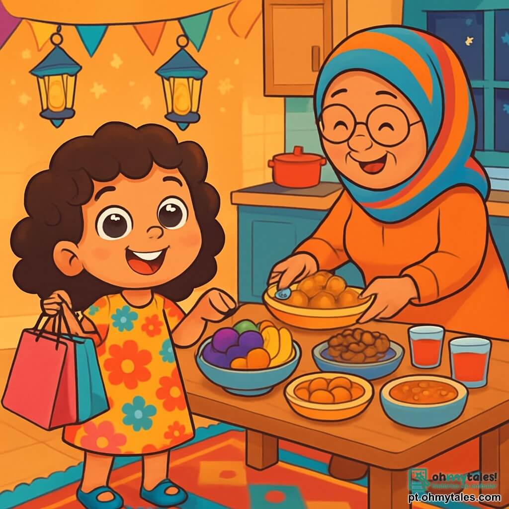 Uma menina de 6 anos, com grandes olhos brilhantes e cabelos cacheados, sorri alegremente segurando sacolas de presentes coloridos. Ela usa um vestido leve com estampas florais, cheio de cores vibrantes, e seu rosto irradia excitação e felicidade. Ao lado dela, a senhora Amina, uma mulher de cerca de 60 anos, com cabelos grisalhos e um lenço colorido, sorri calorosamente. Ela está preparando a mesa para a refeição, adicionando pratos cheios de deliciosas comidas tradicionais. A cena acontece em uma cozinha acolhedora, decorada com lanternas cintilantes e tapetes coloridos, com uma grande mesa de madeira ao centro, adornada com pratos de frutas, doces e bebidas. Luzes suaves iluminam o ambiente, criando uma atmosfera calorosa e festiva. A situação principal mostra a menina e a senhora Amina compartilhando um momento alegre, preparando juntas a refeição do Ramadan, cercadas de risos e cores vibrantes, prontas para receber amigos e familiares para o iftar.