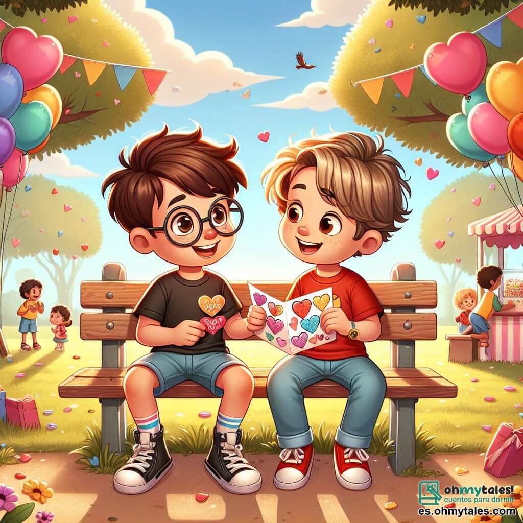 En un parque soleado, un niño de ocho años llamado Valentín, con cabello castaño y gafas redondas, está sentado en un banco, sonriendo alegremente. A su lado, Pablo, un nuevo chico del barrio, tiene cabello rubio y lleva una camiseta roja, sostiene en sus manos una colorida tarjeta de San Valentín. Alrededor de ellos, el parque está decorado con globos multicolores flotando en el viento y guirnaldas de corazones de papel colgadas de los árboles. Niños juegan y ríen al fondo, mientras que puestos de golosinas añaden un toque festivo a la atmósfera. La escena muestra a Valentín y Pablo compartiendo tarjetas de San Valentín que han creado juntos, rodeados de risas y sonrisas, ilustrando la alegría de la amistad y el compartir en este día especial.