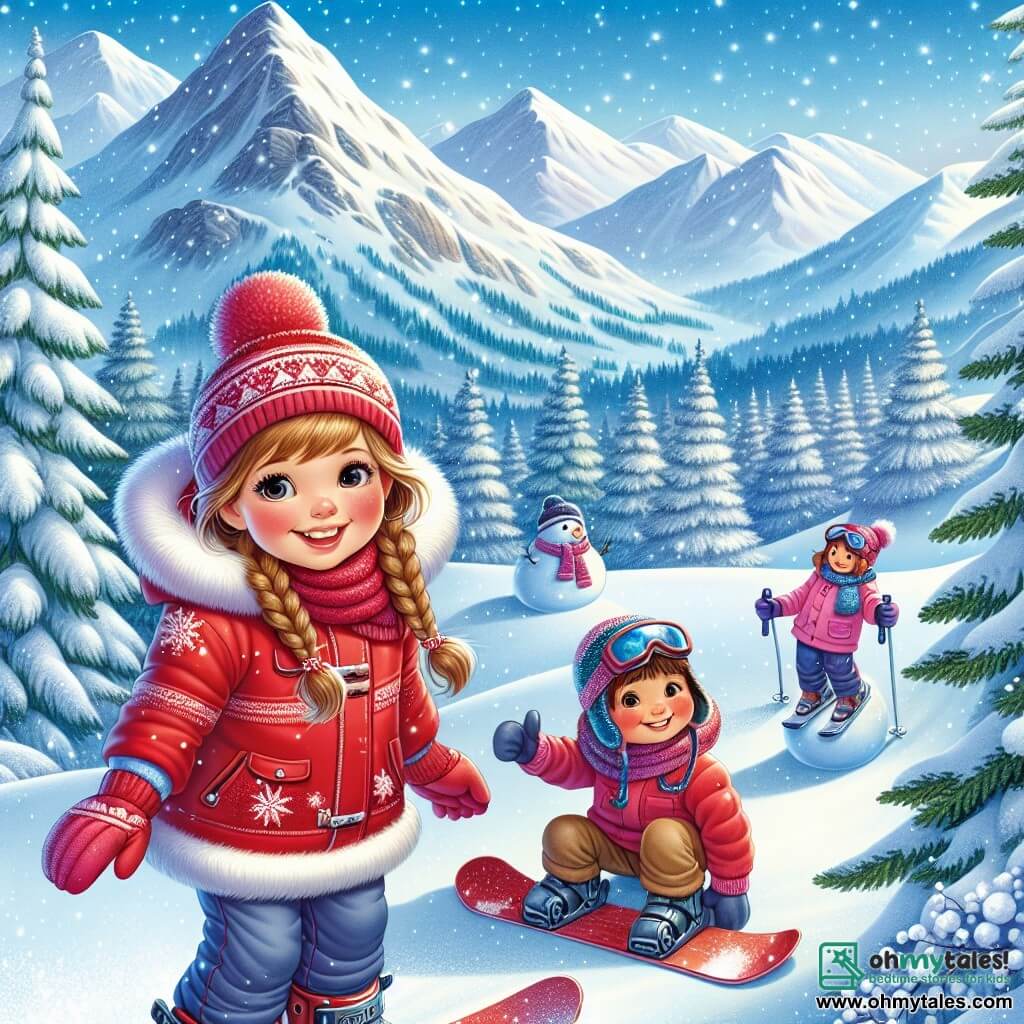 An 11-year-old girl named Lily stands at the top of a snowy hill, her cheeks rosy from the cold and a big smile on her face. She wears a bright red parka, wool gloves, and a hat with a pom-pom, ready to slide down on her snowboard. Next to her is her best friend Mia, also 11, with braided brown hair and a beaming smile, adjusting her ski goggles, eager to follow Lily. At the bottom of the hill, Lily's 7-year-old brother Ben is building a snowman, his eyes shining with joy and his small hands numb from the cold. The enchanting landscape features majestic snow-covered fir trees and a bright blue sky sprinkled with gently falling sparkling snowflakes. The scene exudes happiness and excitement, capturing the spirit of winter and friendship. Lily, full of energy, is about to glide on the snow, while Mia and Ben watch, excited to share this adventure.