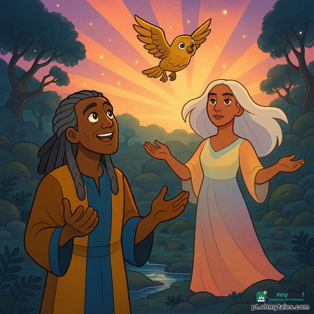 Olú é um homem de rosto sereno e olhos brilhantes, cabelos grisalhos trançados, vestido ocre e azul, emocionado com as mãos erguidas em direção à luz; a Guardiã é uma mulher de pele cobre e cabelos brancos esvoaçantes, veste túnica translúcida em tons de alvorecer e se mantém um pouco atrás com braços abertos e olhar calmo e firme; Egbe é um pássaro-guia de penas douradas em pleno voo sobre Olú, expressão vigilante. O cenário é o Vale das Sombras: colinas baixas com samambaias escuras, árvores retorcidas, pedras cobertas de musgo e um riacho cintilante, sob um céu onde nasce uma aurora de rosa, ouro e violeta, com partículas de luz no ar; a cena contrasta sombras azuladas no chão com a luz quente da aurora, centrada na relação entre Olú, a Guardiã e Egbe.
